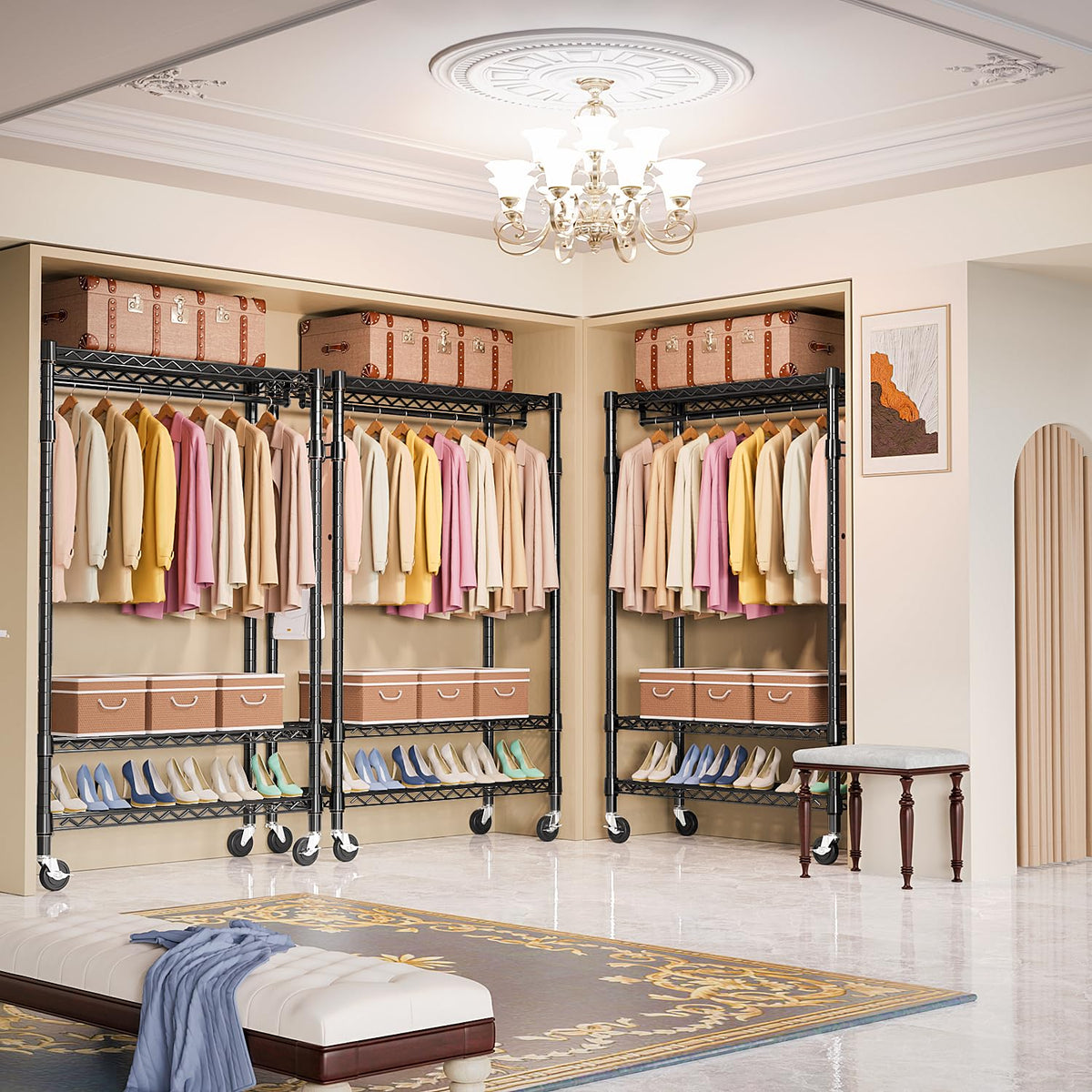 Heavy Duty Rolling Garment Rack 3 Tiers Adjustable Wire Shelving Clothes Rack with Rods and Side Hooks
