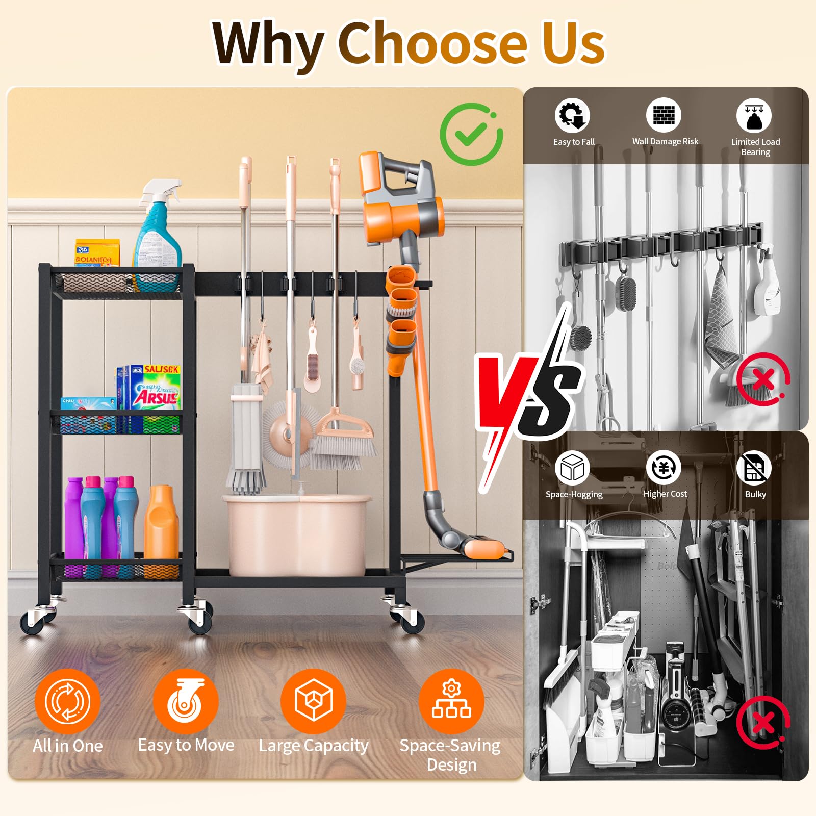 Broom Holder with Cleaning Supplies Organizer