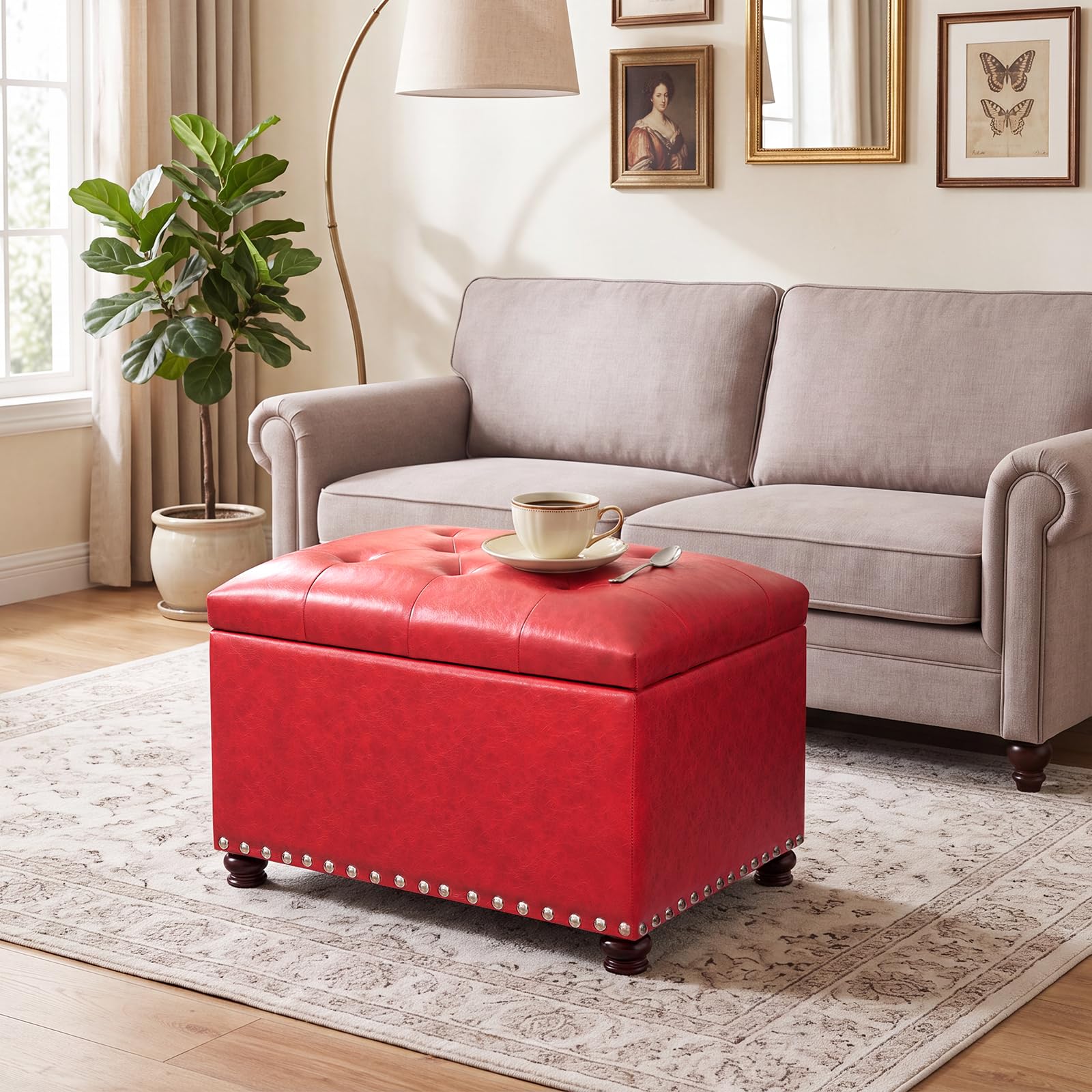 24'' Leather Storage Ottoman Rectangular Foot Rest Stool with Nailhead Trim for Bedroom Living Room