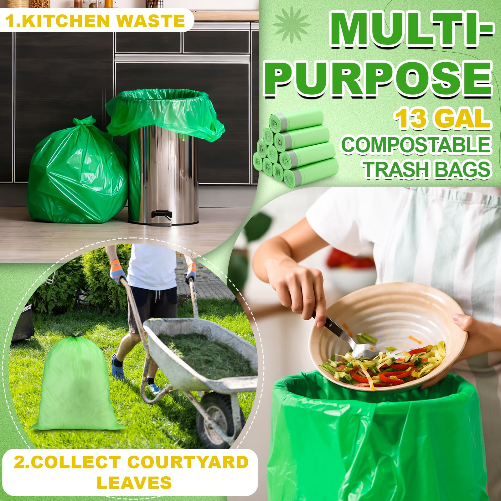 200 Count 13 Gallon Compostable Trash Bags with Drawstring Tall Kitchen Food Scrap Waste Bag Heavy Duty Extra Thick 1 Mil Tear Resistant for Lawn Yard Home Kitchen Office (10 Count)