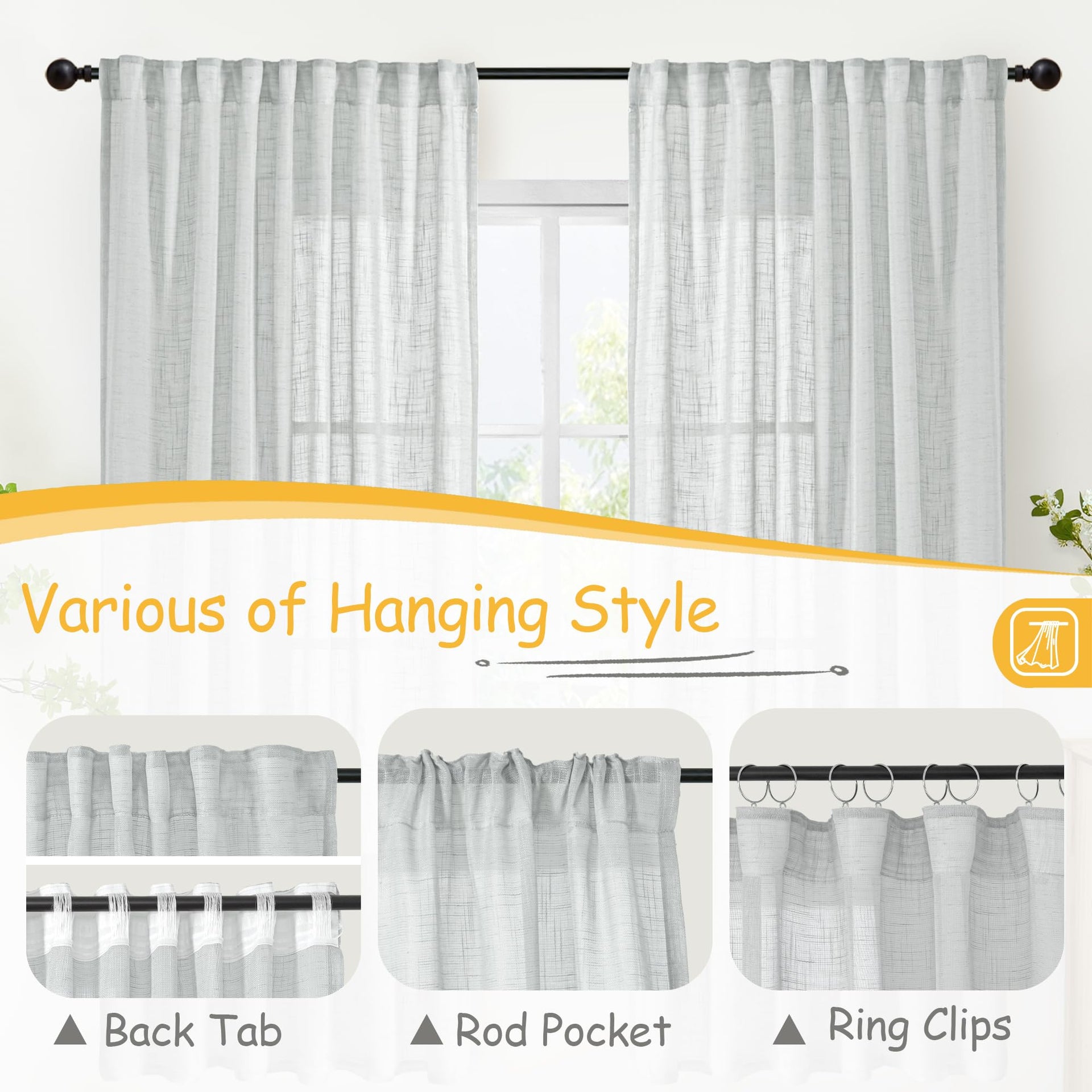 Grey Linen Curtains 72 Inch Length for Living Room (2 Count)