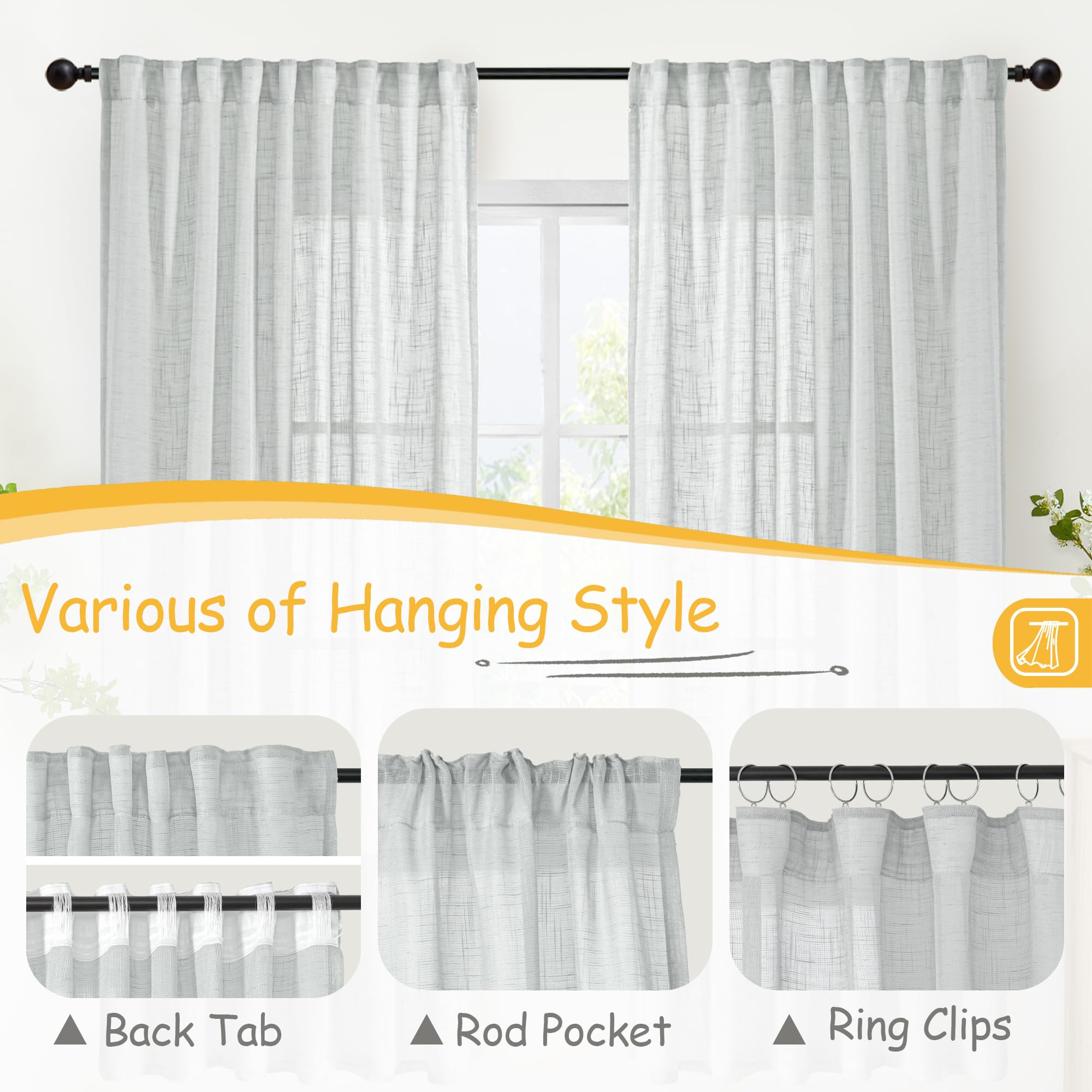Grey Linen Curtains 72 Inch Length for Living Room (2 Count)
