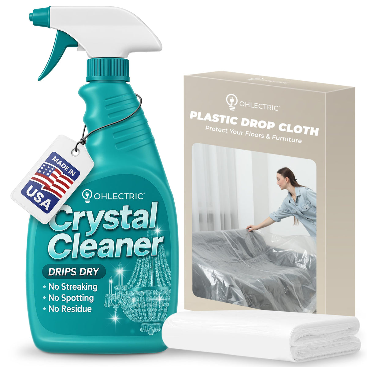 Crystal Chandelier Cleaner Spray Kit & Plastic Drop Cloth for Protection