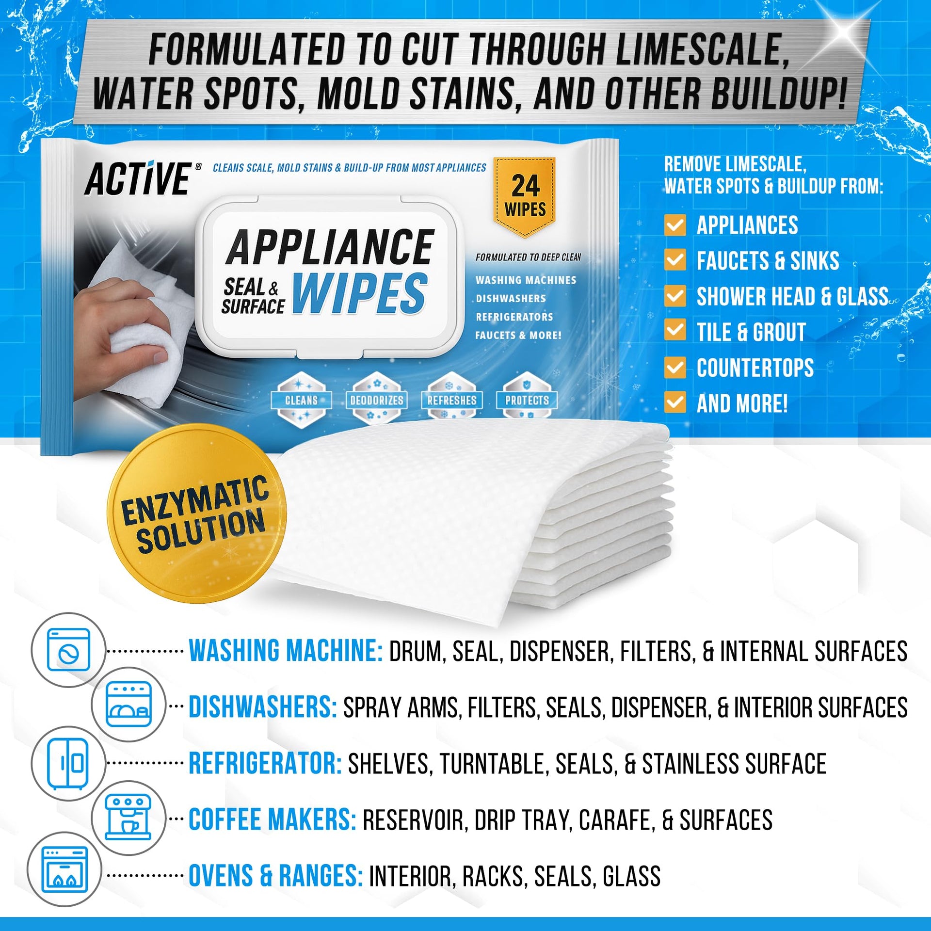 Home Appliance Surface Cleaner Wipes Heavy Duty Wipe for Cleaning Washing Machine (24 Count)