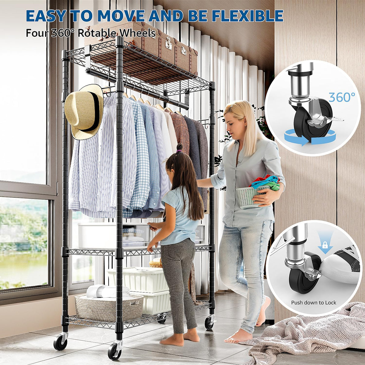 Heavy Duty Rolling Garment Rack 3 Tiers Adjustable Wire Shelving Clothes Rack with Rods and Side Hooks