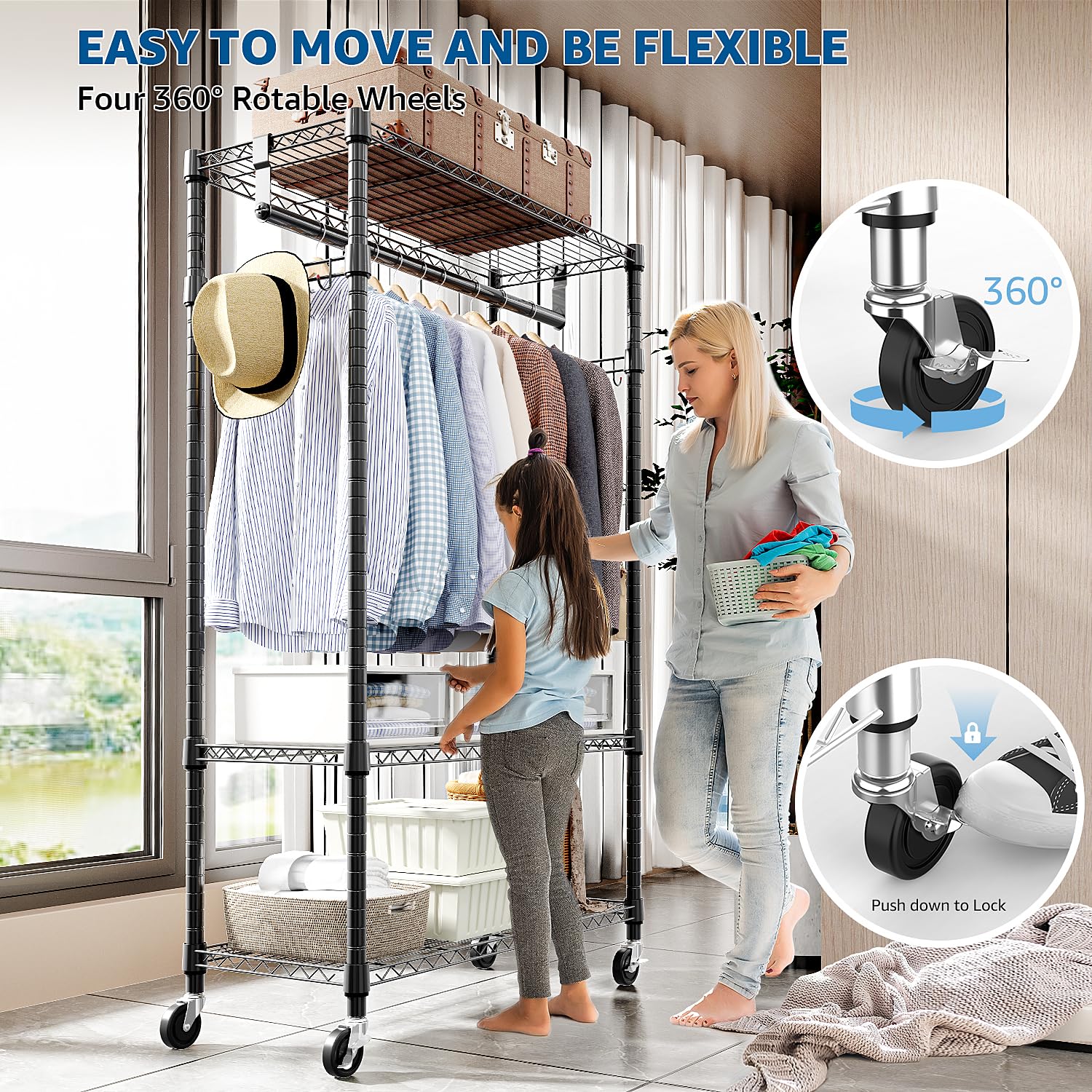 Heavy Duty Rolling Garment Rack 3 Tiers Adjustable Wire Shelving Clothes Rack with Rods and Side Hooks