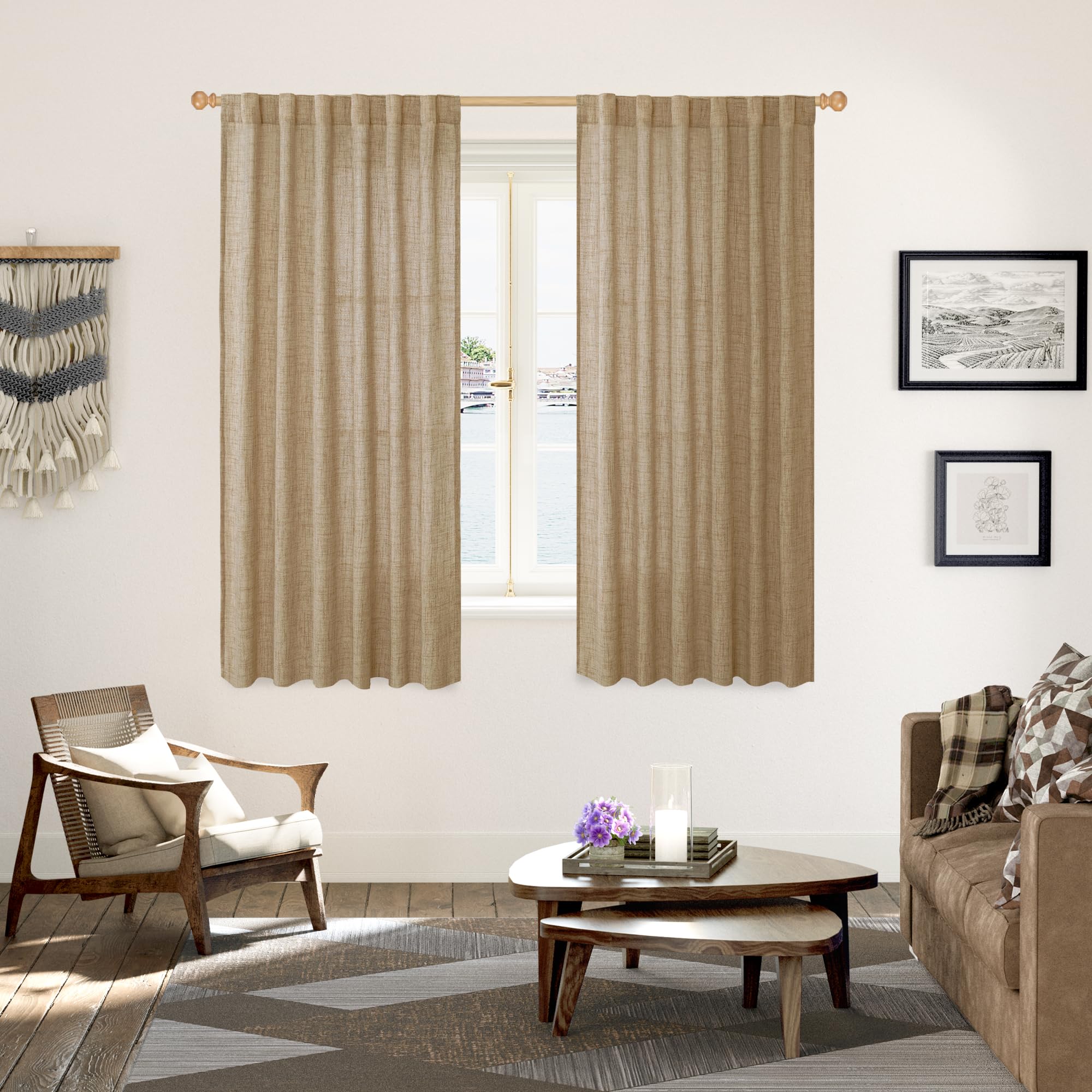Burlap Linen Curtains 63 Inch Length for Living Room Window (2 Count)