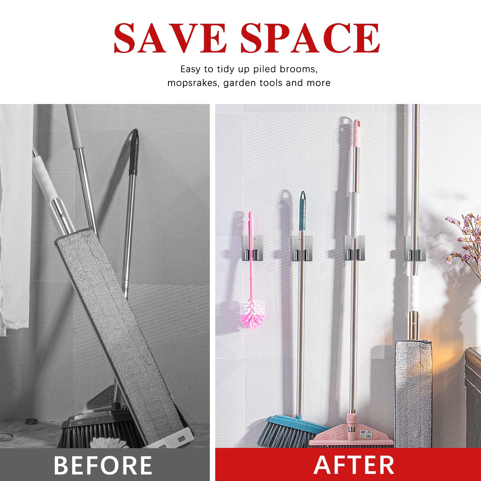 2PCS Broom Holder Wall Mount Self Adhesive Mop and Broom Holder Stainless Steel Broom Hanger Heavy Duty for Laundry Storage Bathroom Kitchen Garage (16 Ounce)