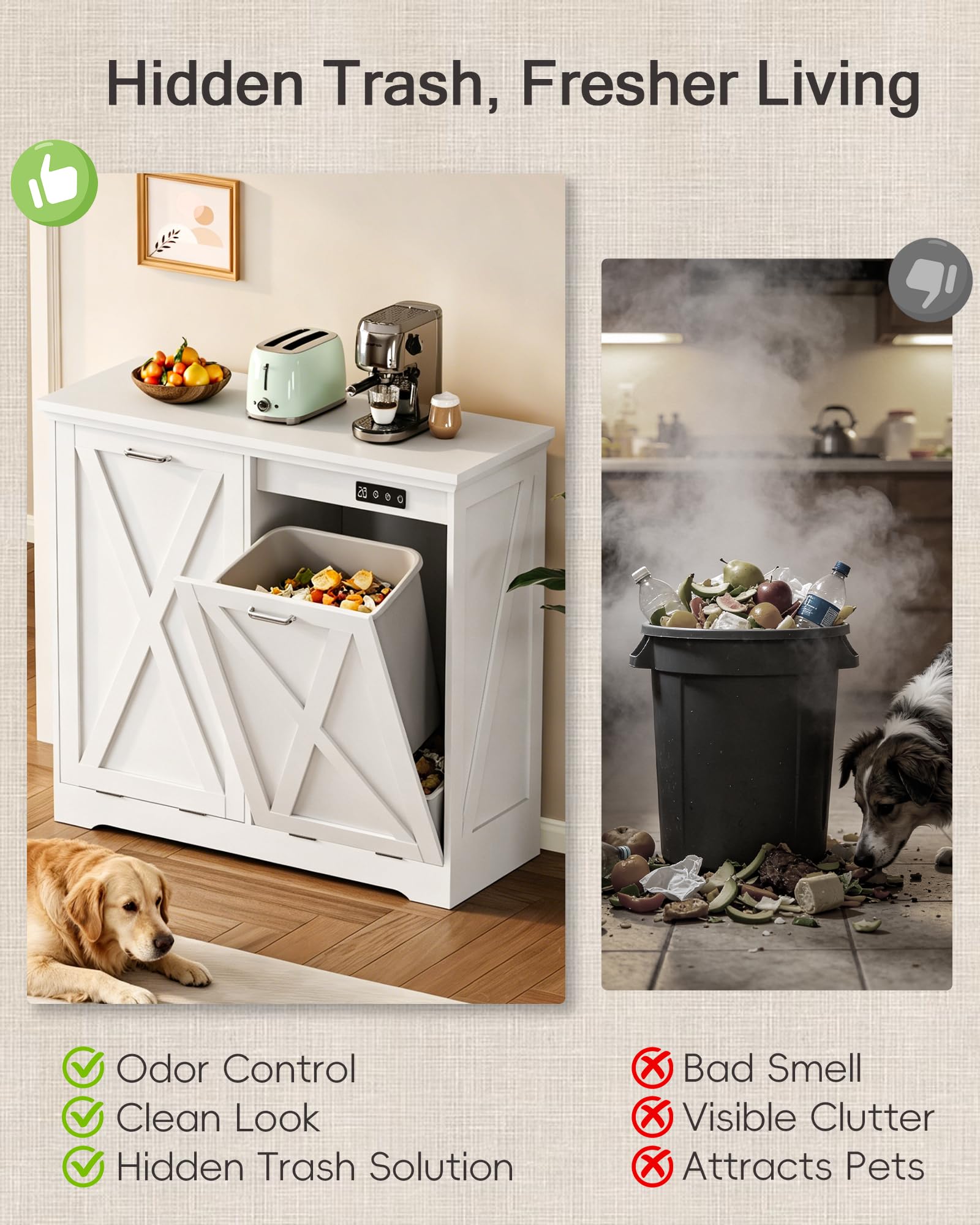 Double 13 Gallon Tilt Out Trash Can Cabinet with Deodorising Function