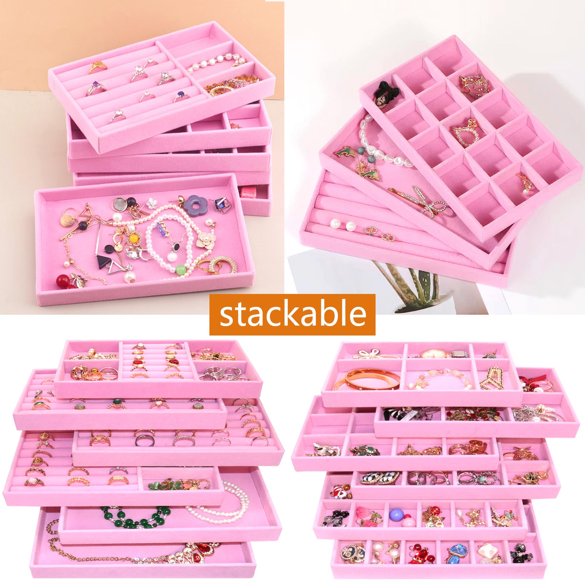 12 Set Jewelry Tray Stackable Velvet Jewelry Organizer Trays for Drawers Inserts Earrings Necklace Rings Jewelry for Women (12 Count)