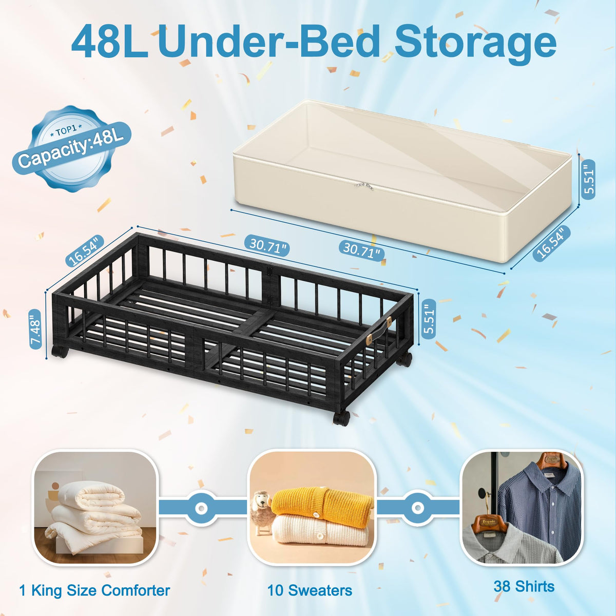 2 Pack Bamboo Under Bed Storage with Wheels (2 Count)