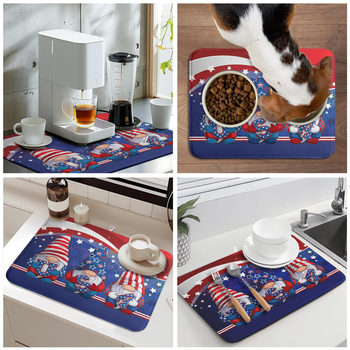 4th of July Dish Drying Mat 18x24 Inch Spring Summer Patrioti Gnome Memorial Kitchen Mats Independece Day Absorbent Dishes Pad for Kitchen Counter Usa Stars Drying Mat Home Decor Countertops