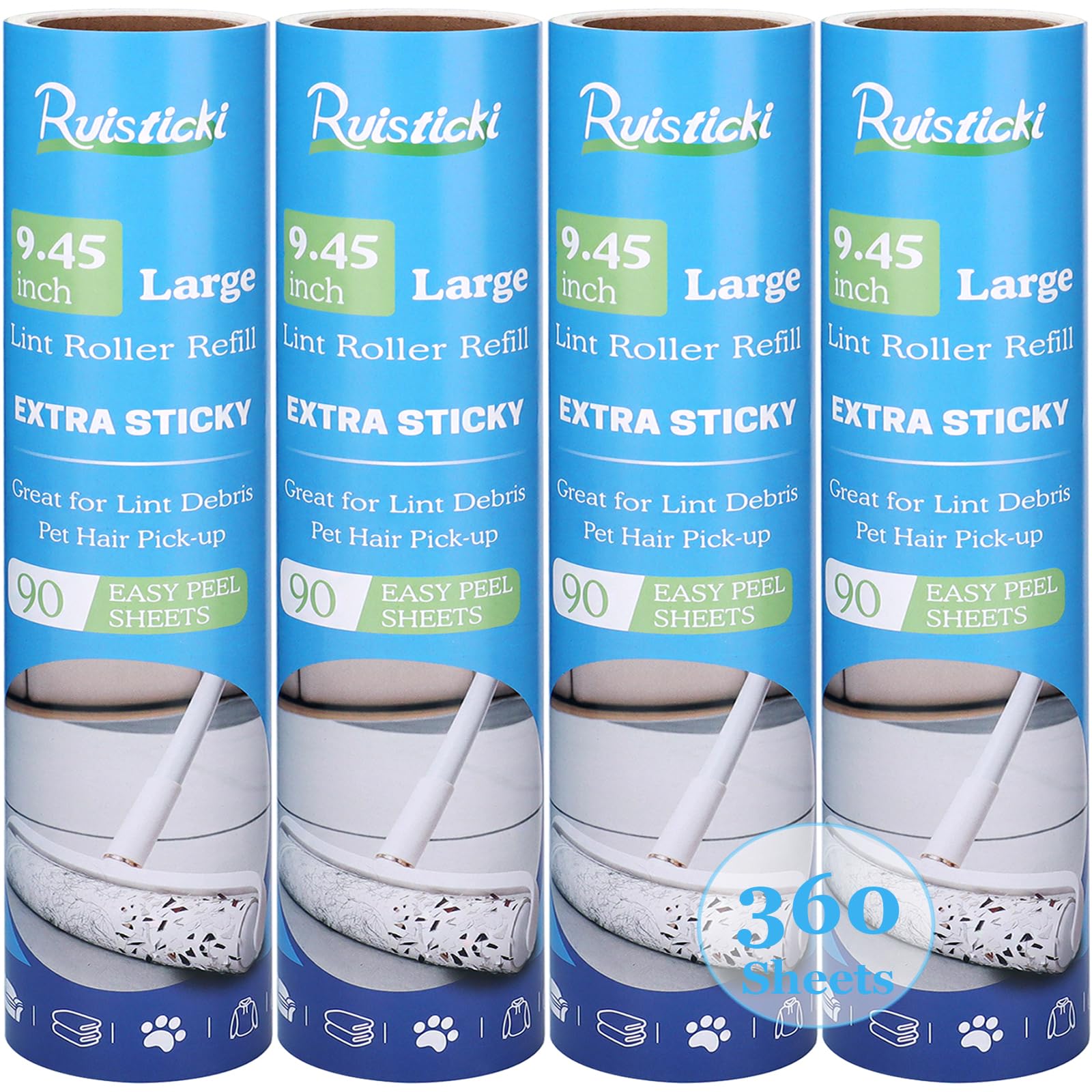 9.45 inch Lint Roller Refills for Large Long Handle Lint Rollers for Carpet 9.45'' Extra Sticky Floor Lint Roller 4 Pack of Refills Only