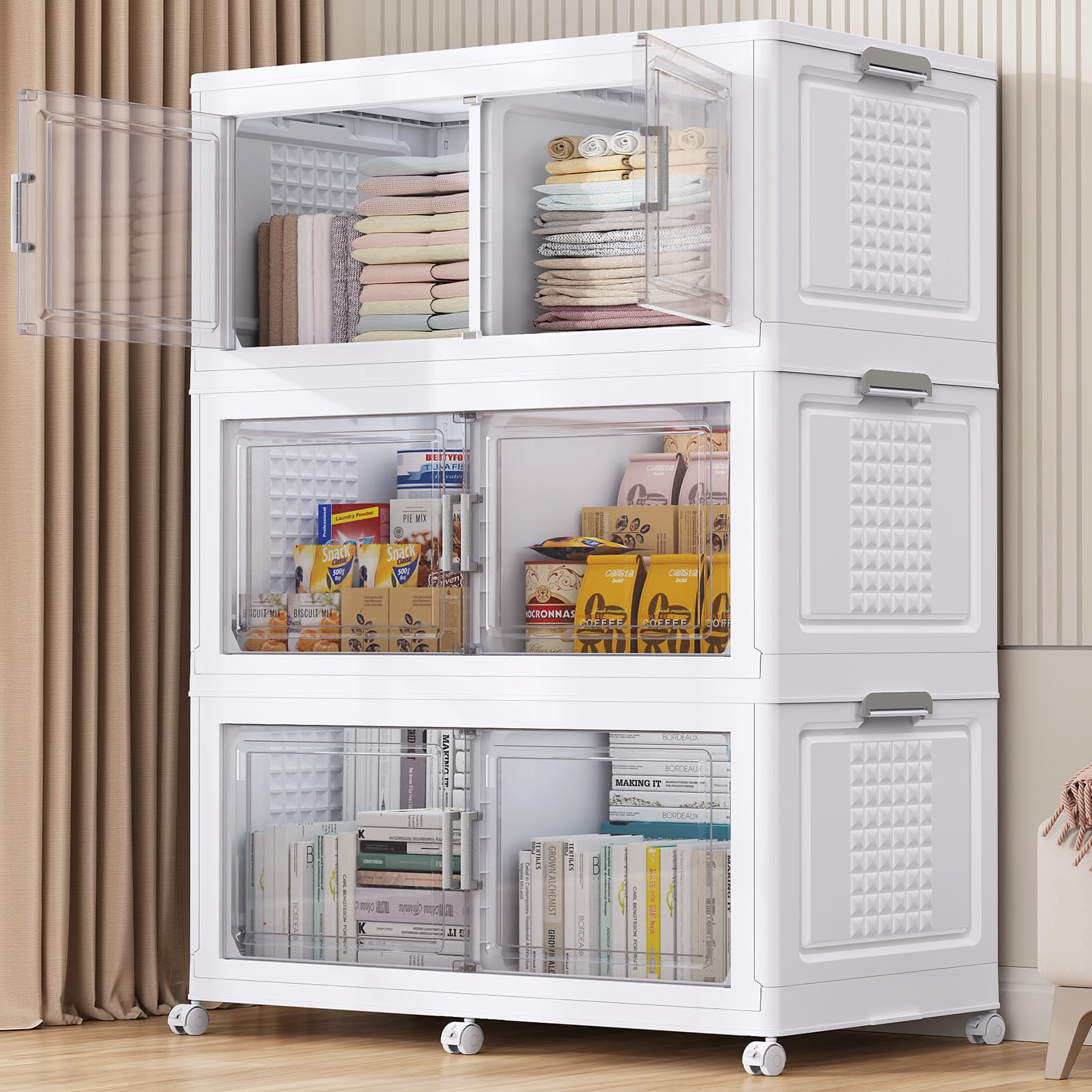 150Gal XL Stackable Storage Bins Foldable Box Cabinet for Home 3Pack White (3 Count)