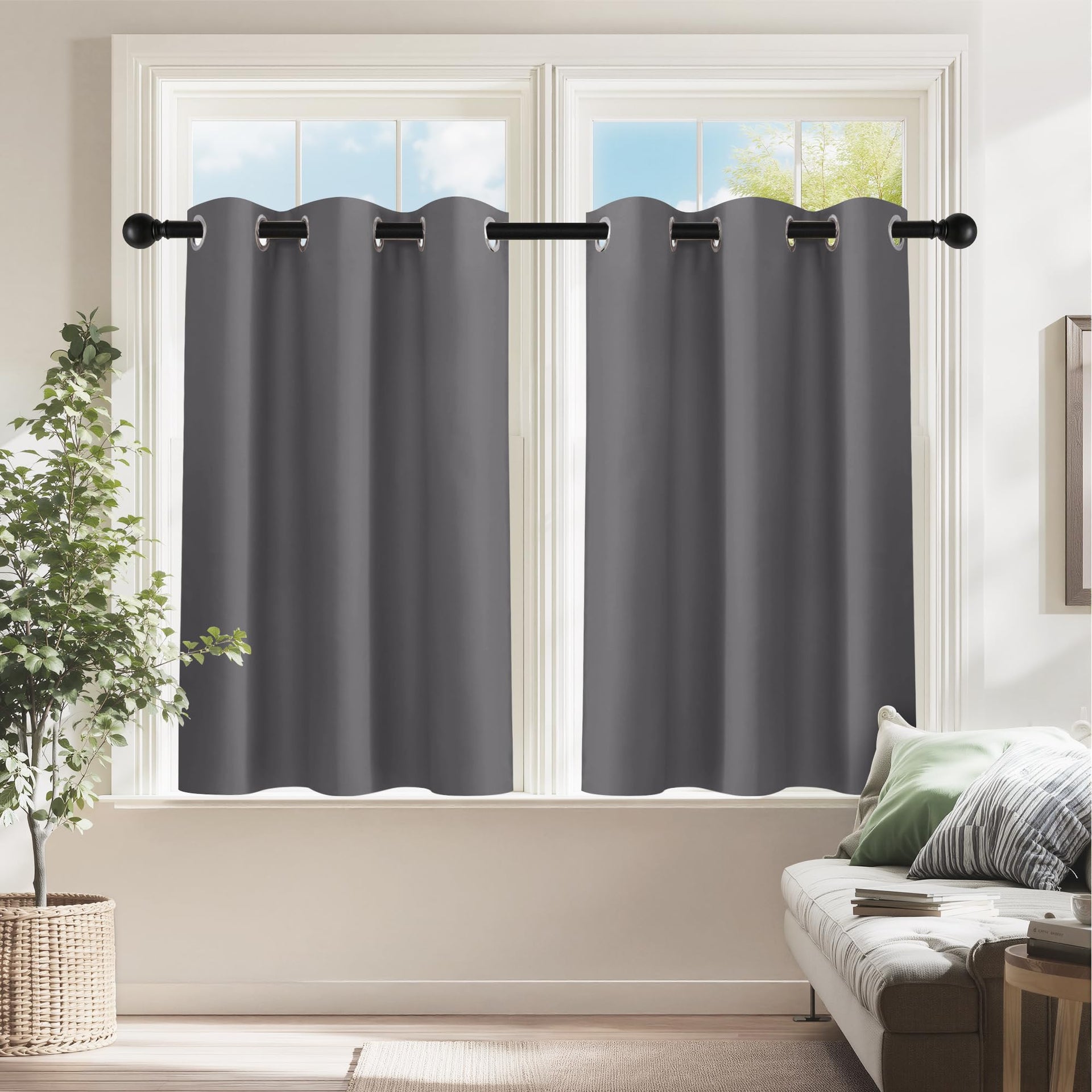Short Gray Blackout Curtains for Kitchen Over Sink 36 inch Long