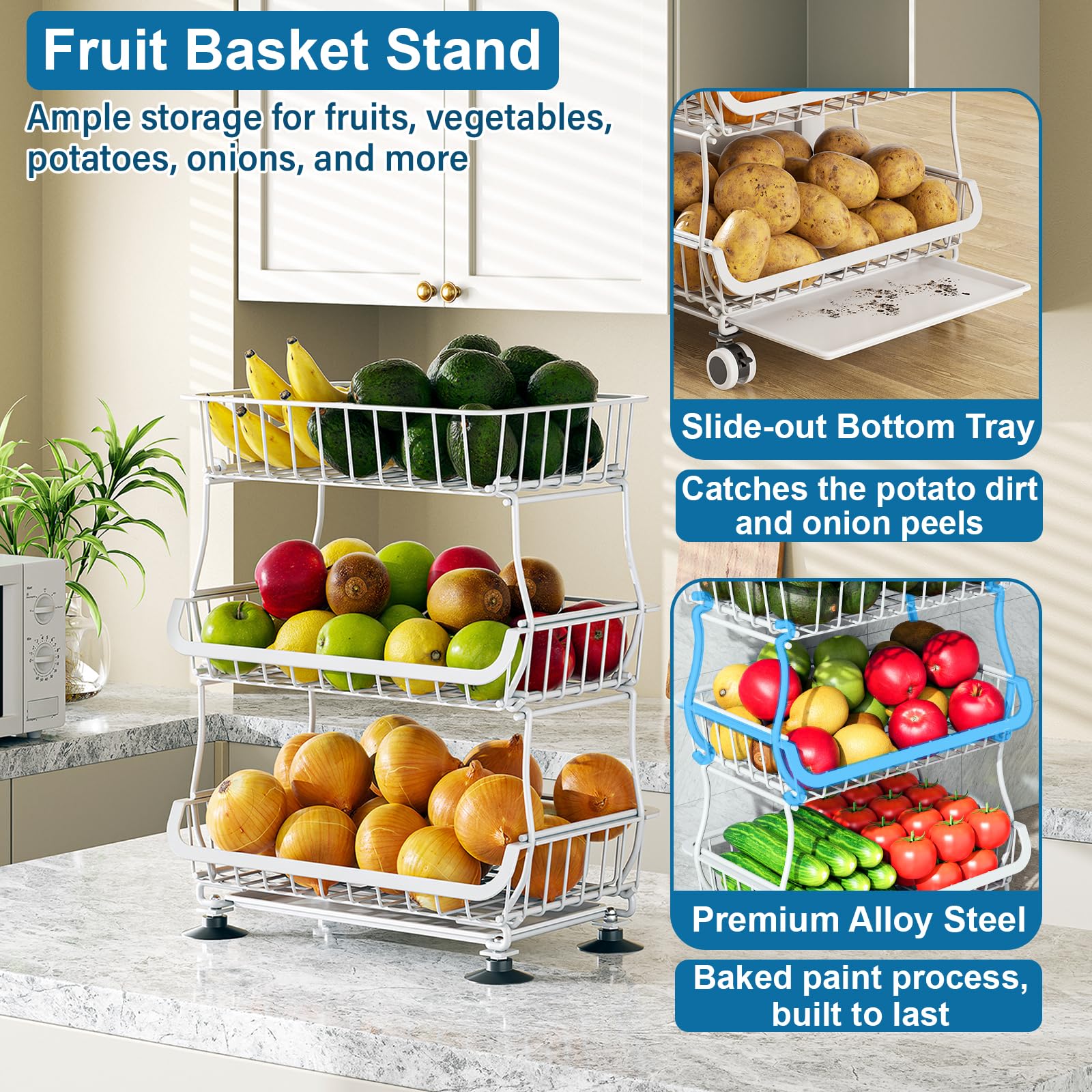3 Tier Rolling Pantry Floor Organizers and Storage Cart with Wheels