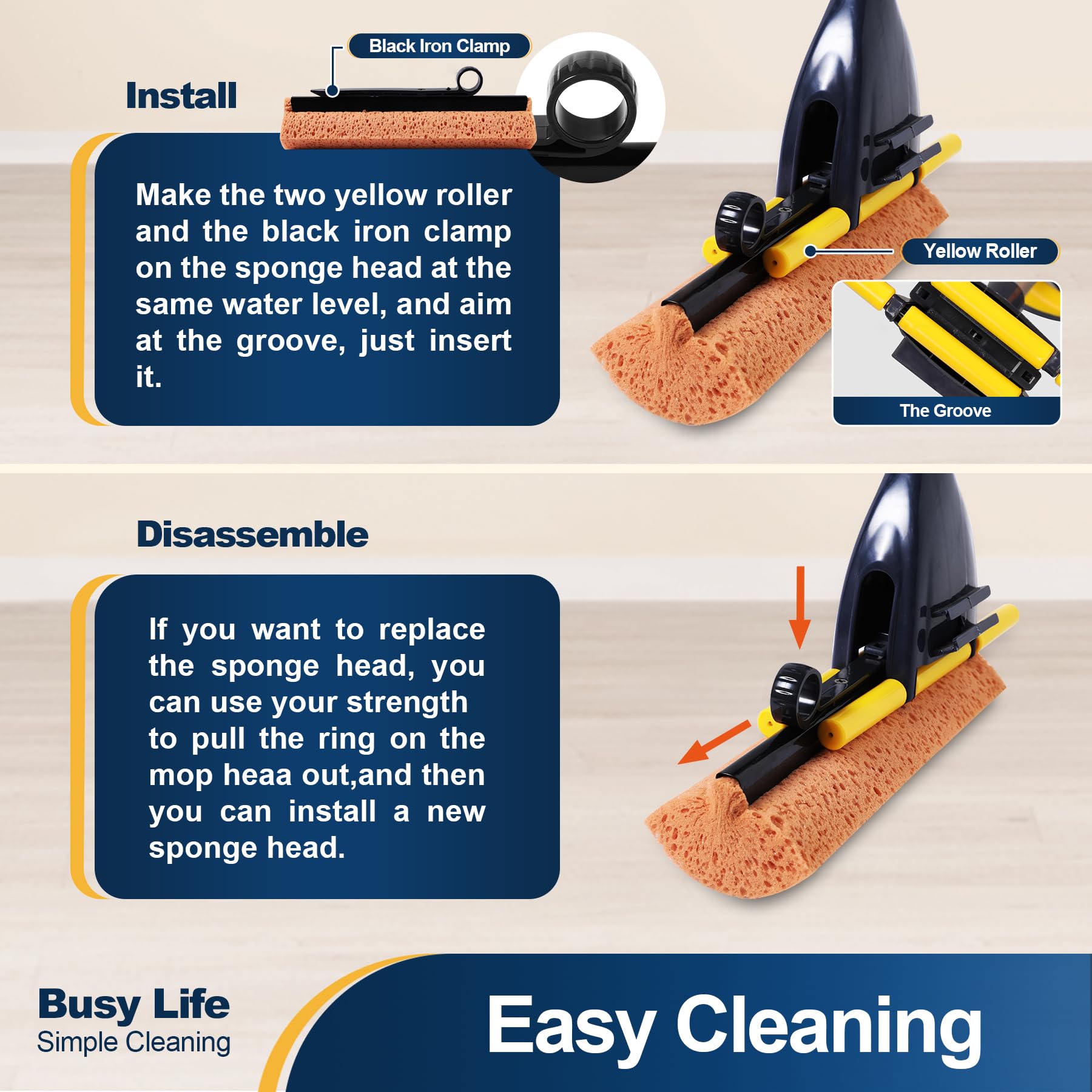 Sponge Mop Home Commercial Use Tile Floor Bathroom Garage Cleaning (3 Count)