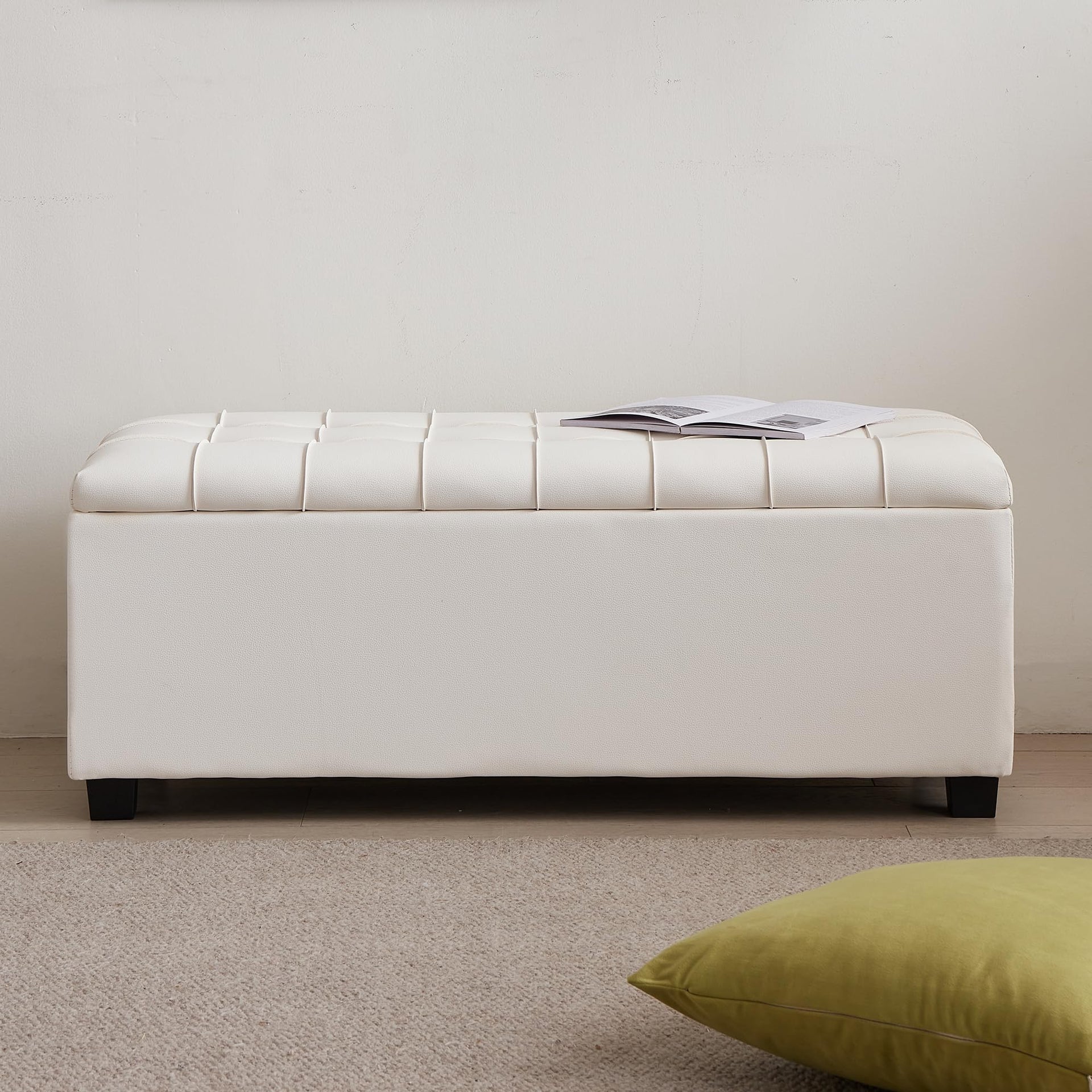 38" White Faux Leather Ottoman Storage Bench with Hinged Lid and Foot Rest