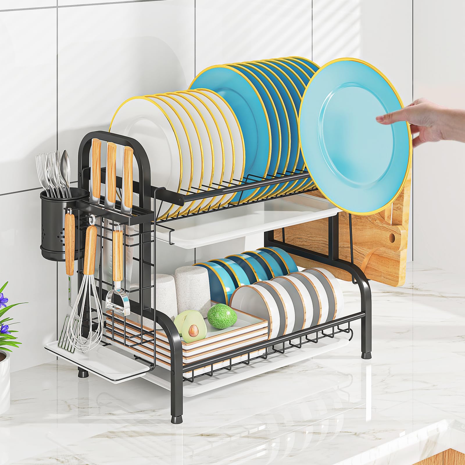 2 Tier Stainless Steel Dish Drying Rack with Drainboard