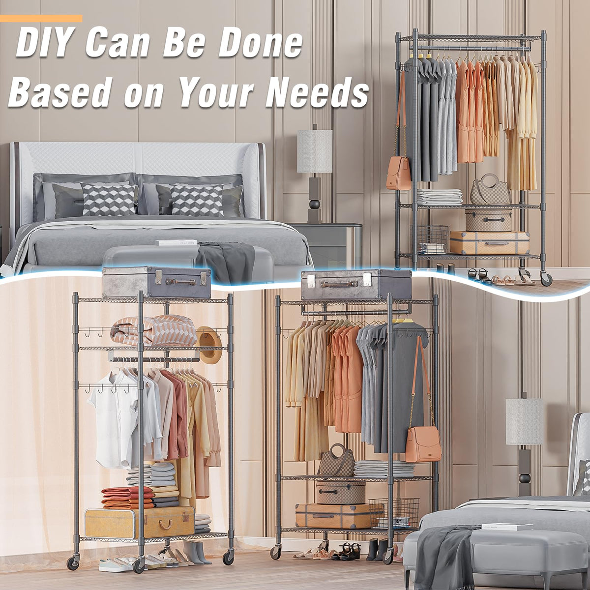 Narrow Rolling Garment Rack with Double Rods and 3 Adjustable Shelves