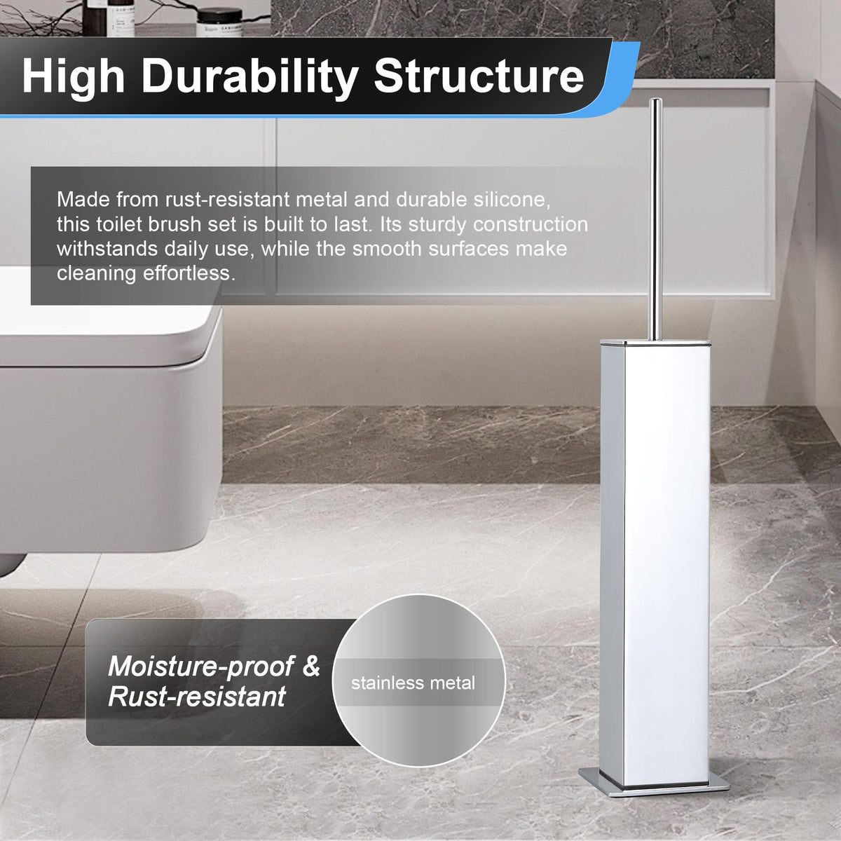 Toilet Brush and Holder Set Chrome Stainless Steel 304 Square Freestanding Toilet Brush for Bathroom