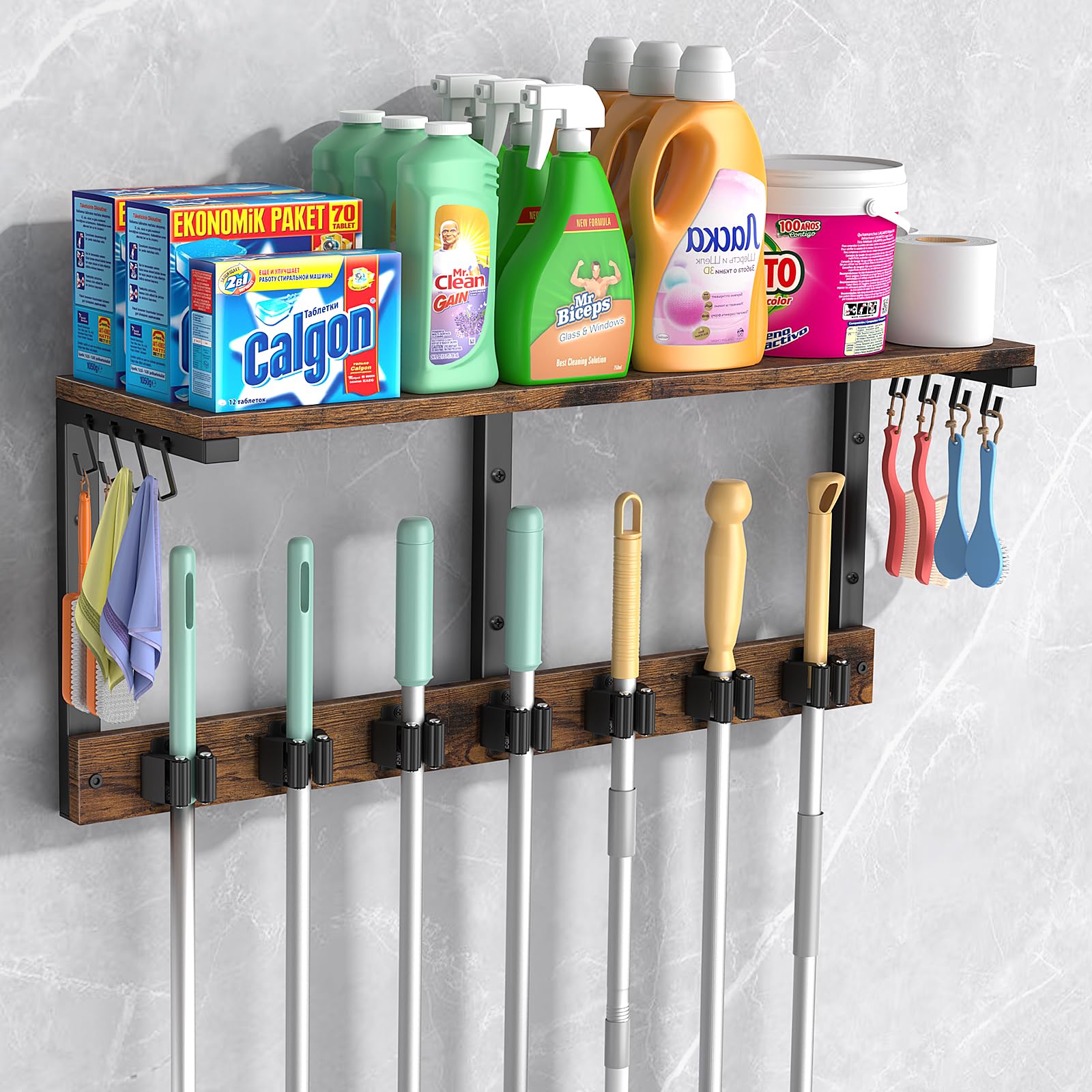 Wall Mount Broom Holder Laundry Room Storage Organizer Shelves