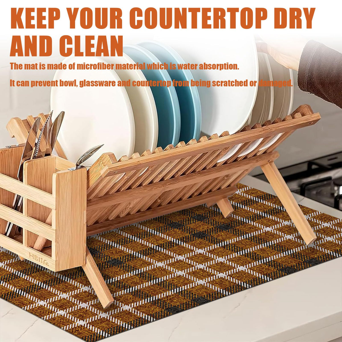 Brown Plaid Dish Drying Mat for Kitchen Counter Microfiber Absorbent Dish Kitchen Drying Mat Draining Reusable Washable for Dishes