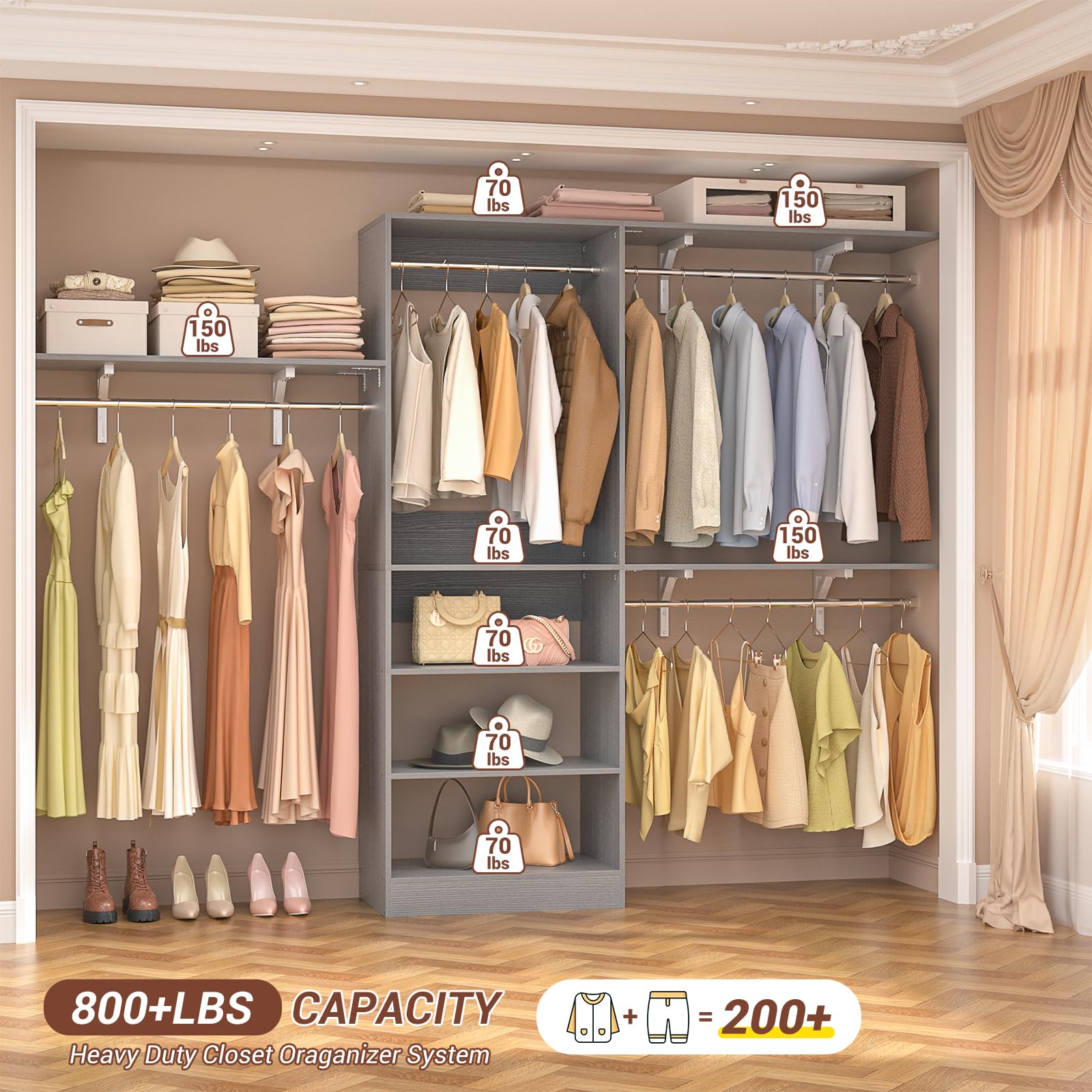 8FT Closet System with 3 Wooden Storage Shelves