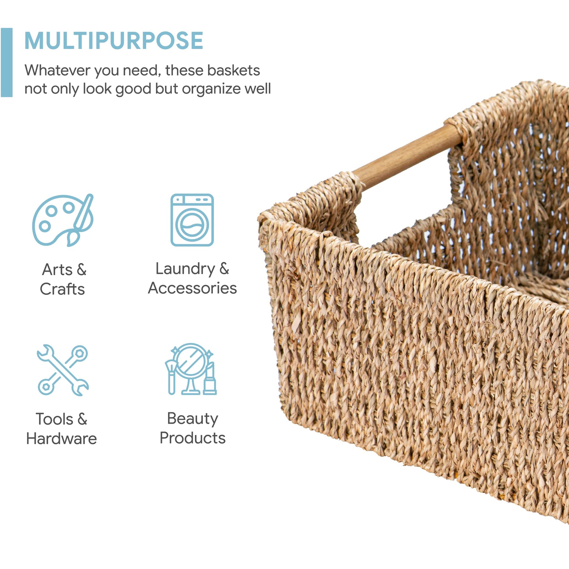 Large Natural Wicker Basket Rectangular with Wooden Handles