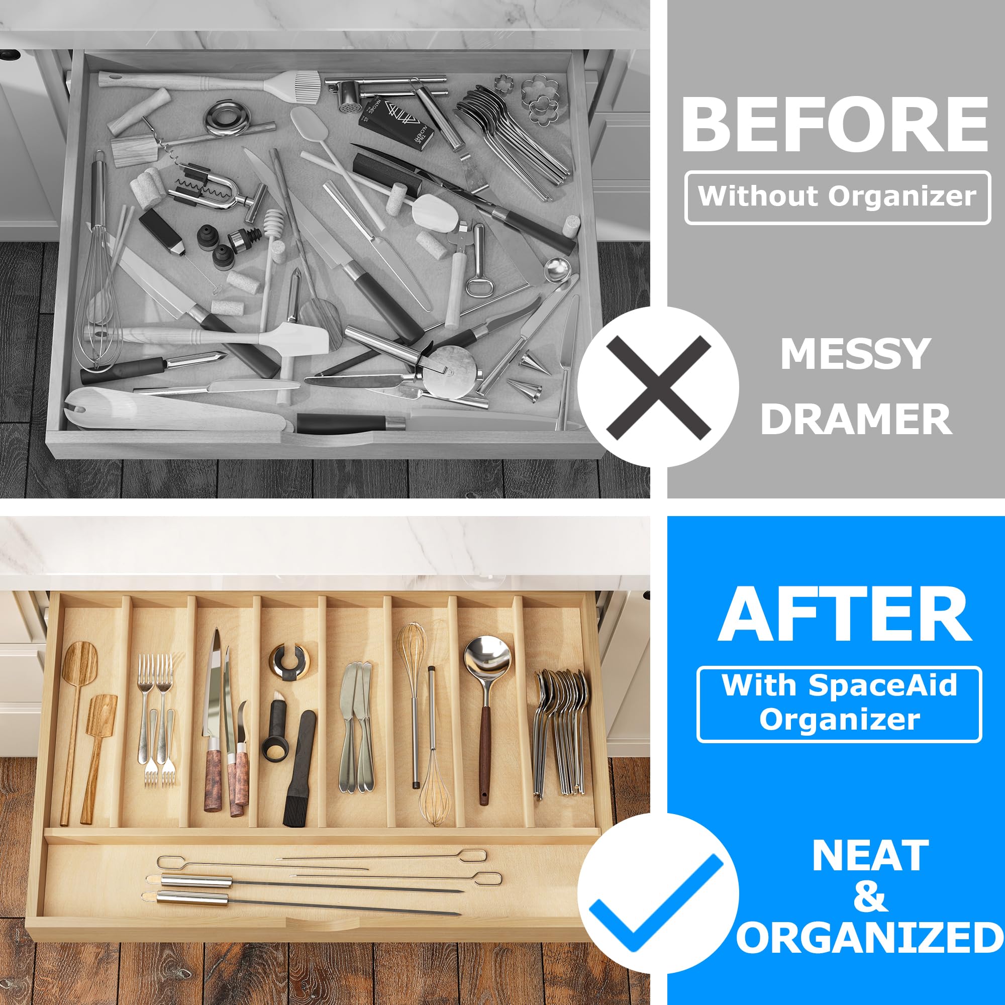 Solid Birch Wood Silverware Drawer Organizer