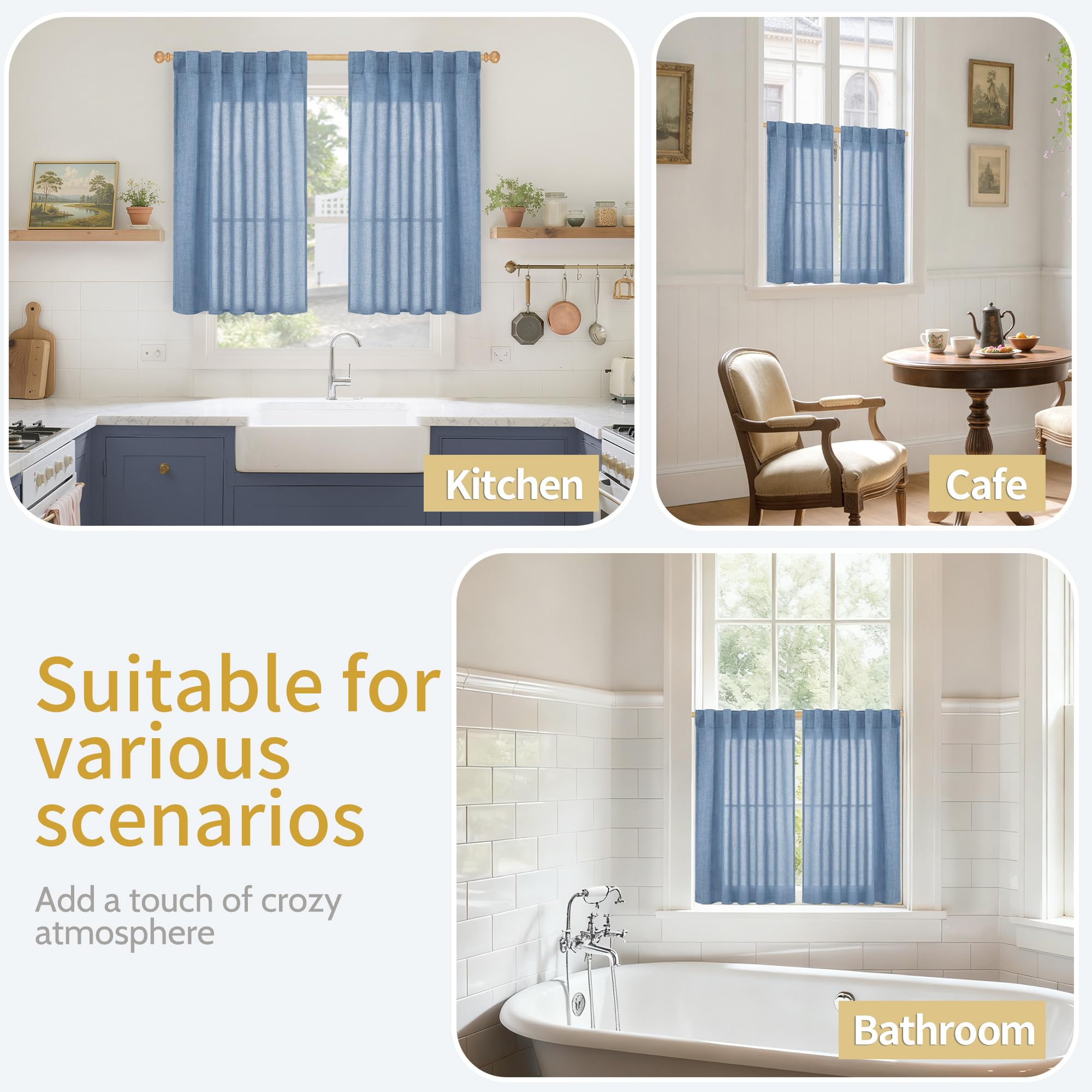 Denim Blue Linen Curtains 40 Inch Length for Bathroom Window (2 Count)