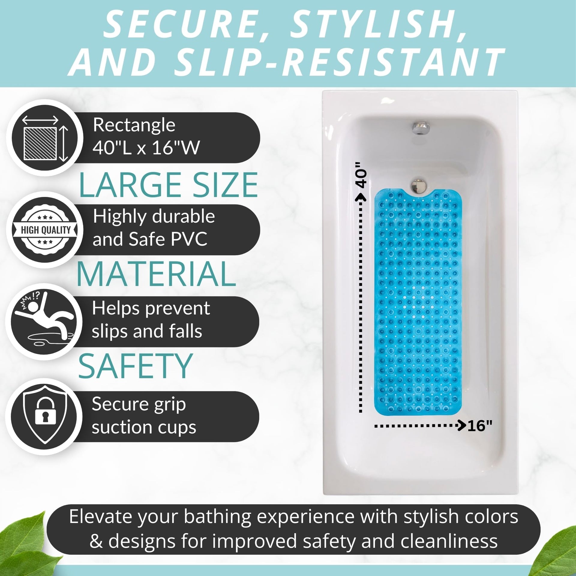Non Slip Bath & Shower Mat 40x16 Extra Long