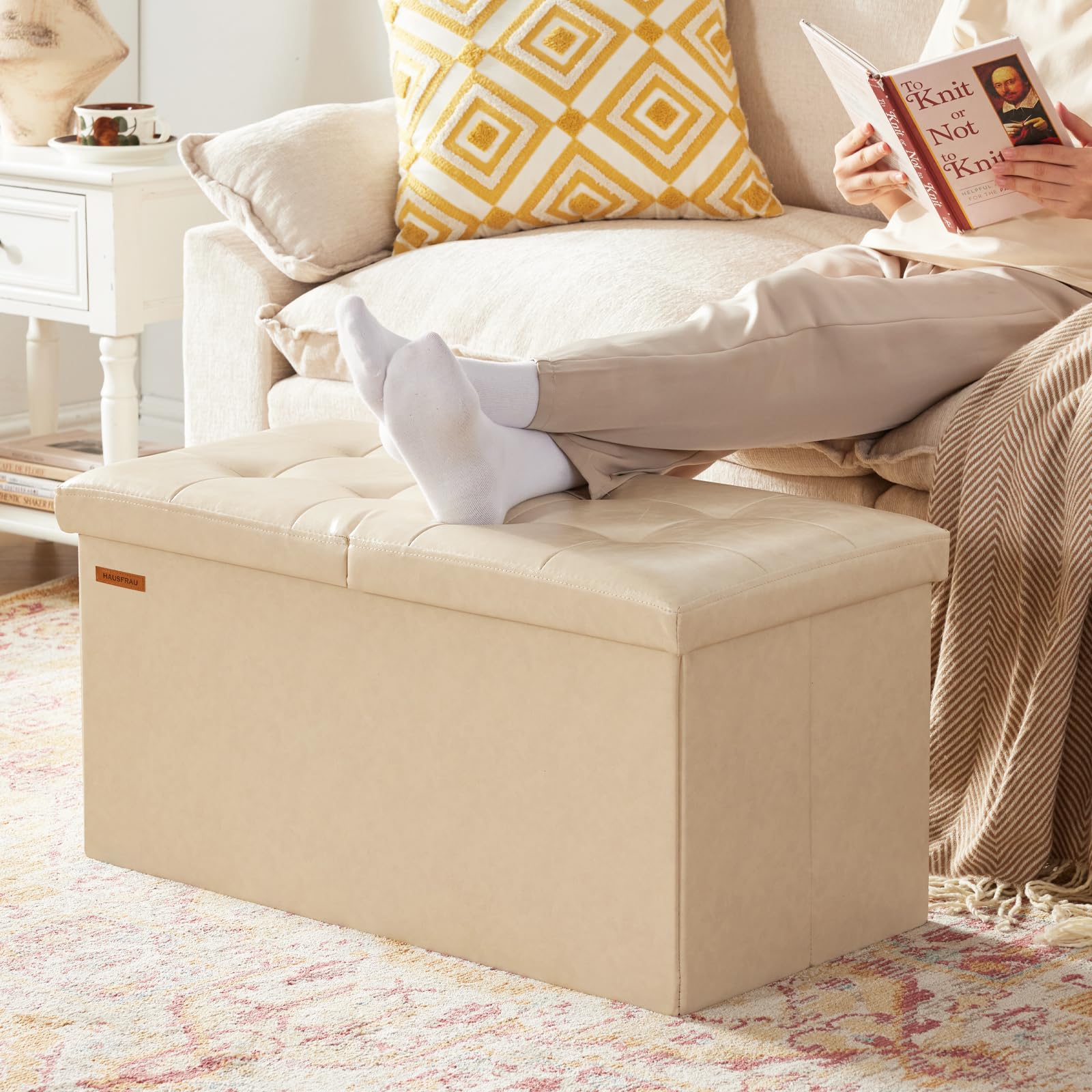 Ottoman with Storage Bench Folding Foot Rest Stool Ivory