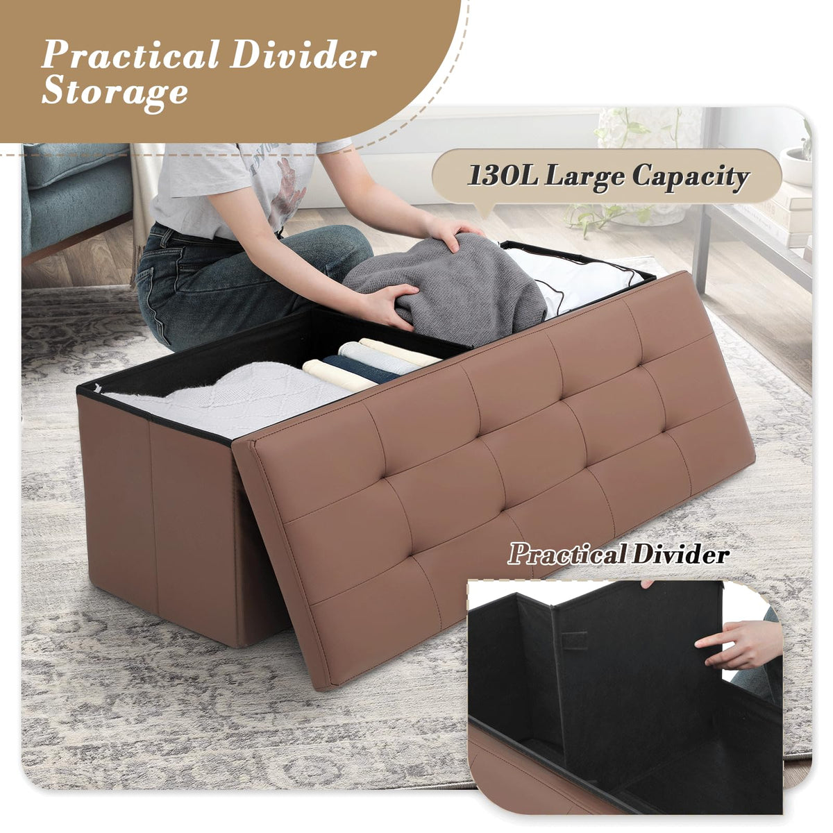 43" Storage Ottoman Bench Folding Bench with 130L Hidden Storage