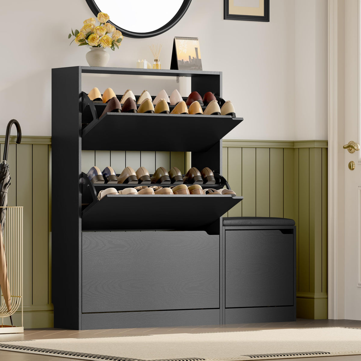 Shoe Cabinet with Bench and 3 Flip Drawers