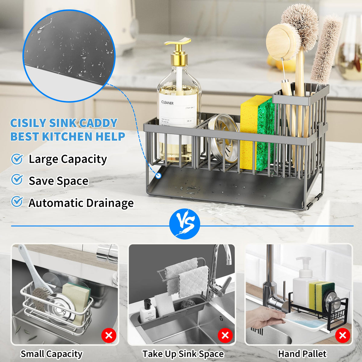 Sink Caddy Organzier with High Brush Holder