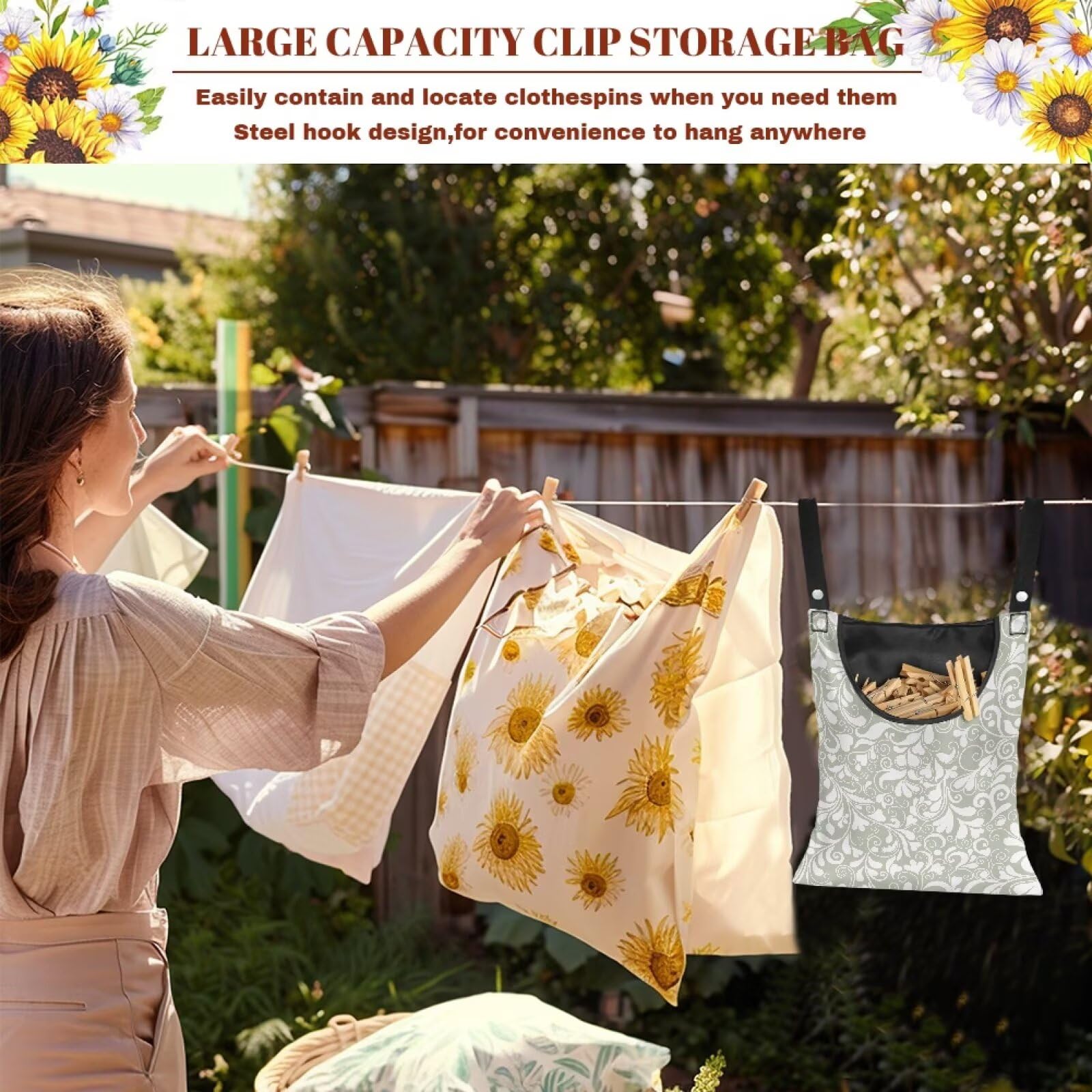Large Clothespin Storage Bag 14.5"x12" with Oversized Opening