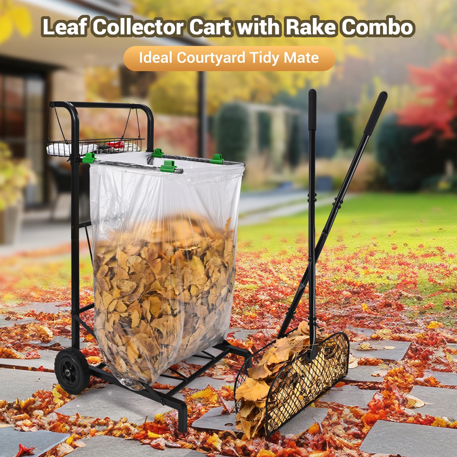 Mobile Trash Bag Holder with Storage Basket and Ergonomic Handle