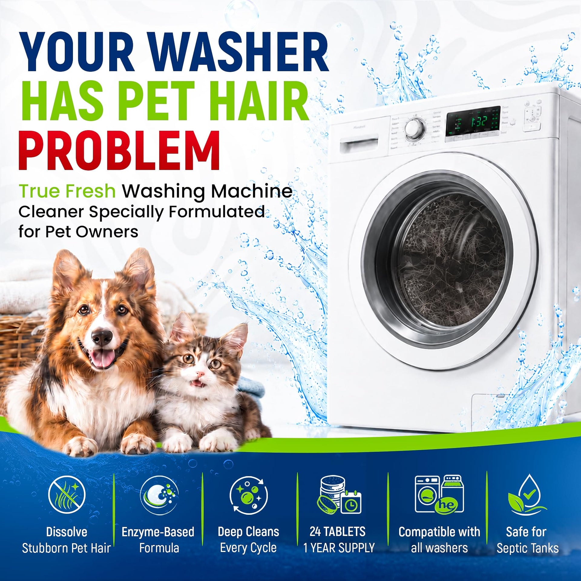 Deep Clean Washing Machine Cleaner Enzyme Pet Hair Dissolver (24 Count)