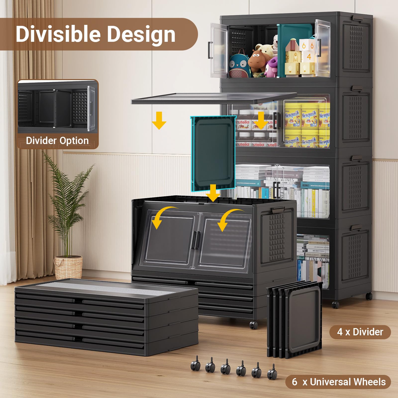 150Gal XL Stackable Storage Bins Foldable Box Cabinet for Home 3Pack Black (3 Count)