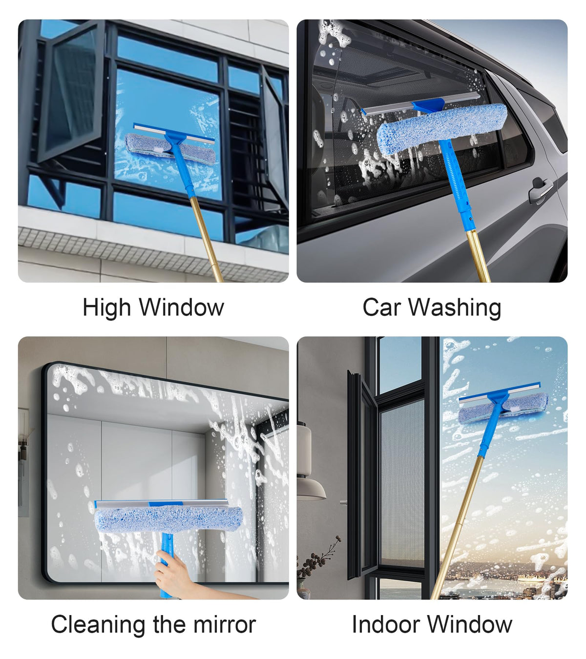 2 in 1 Window Squeegee Cleaning Kit with Aluminum Alloy Extension Poles