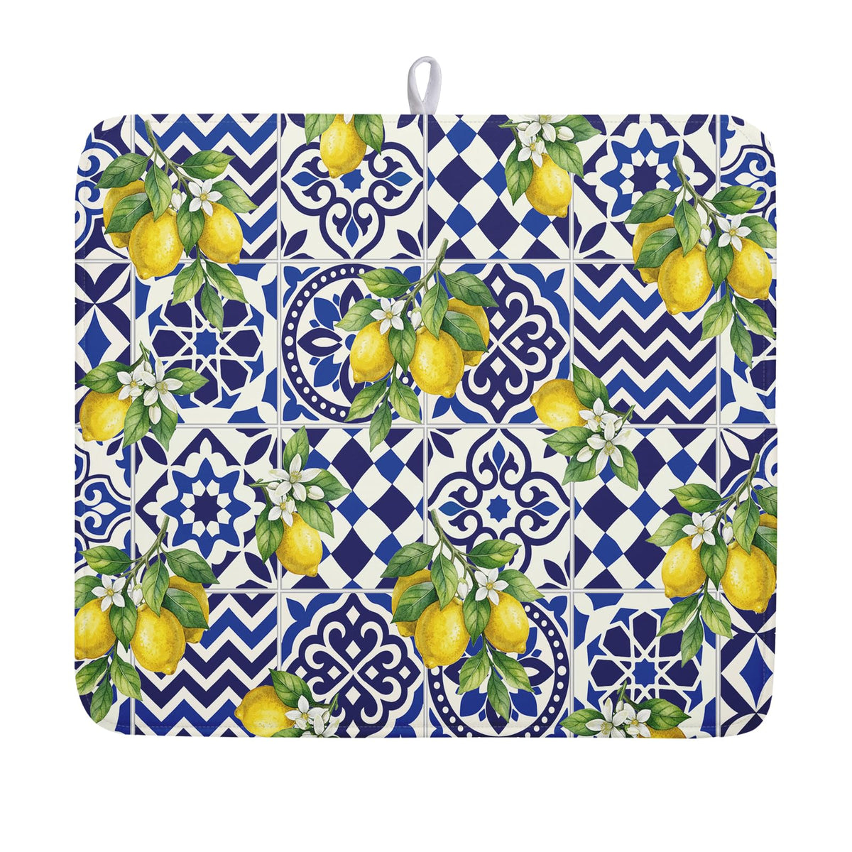 Lemon and Blue Tile Dish Drying Mat 16x18 Inch Absorbent Reversible Mexican Tilt Drying Mat Blue White Italy Lemons Dish Drying Rack Mat Summer Themed Dish Drainer Mat for Kitchen Counter Coffee Bar