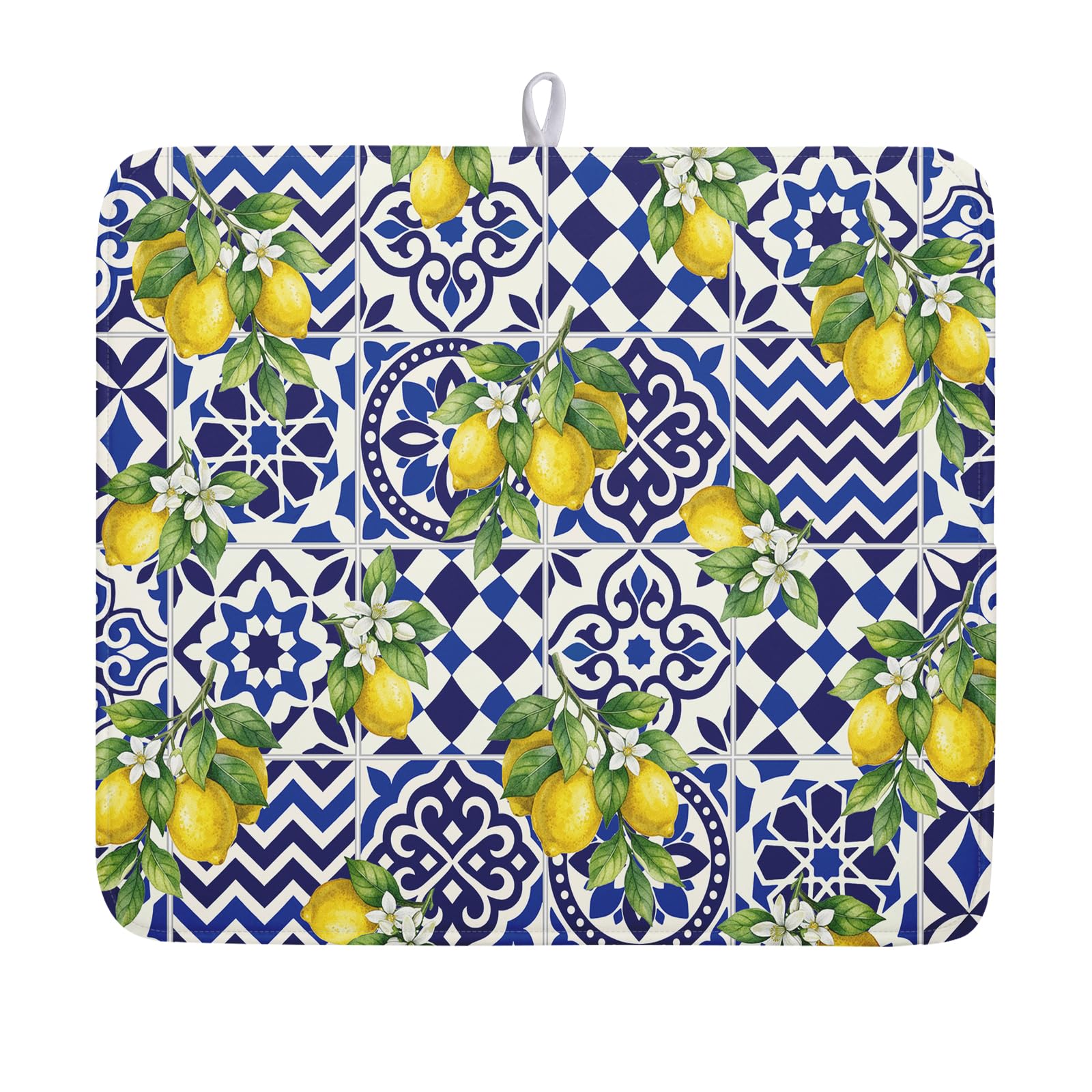 Lemon and Blue Tile Dish Drying Mat 16x18 Inch Absorbent Reversible Mexican Tilt Drying Mat Blue White Italy Lemons Dish Drying Rack Mat Summer Themed Dish Drainer Mat for Kitchen Counter Coffee Bar
