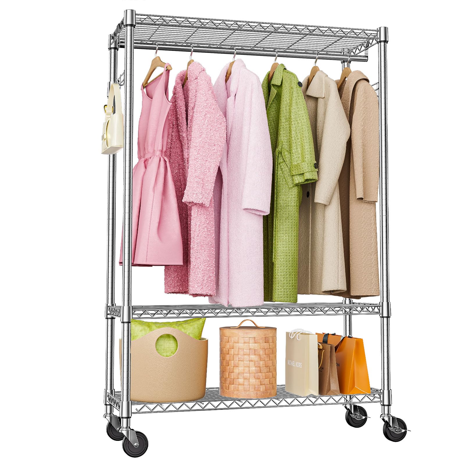 Heavy Duty Rolling Garment Rack 3 Tiers Adjustable Wire Shelving Clothes Rack with 1 Rods and Side Hooks