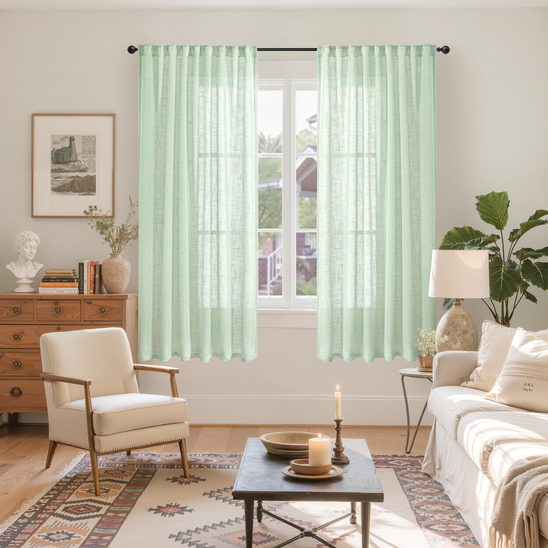 Light Green Linen Curtains 63 Inch Length for Living Room (2 Count)