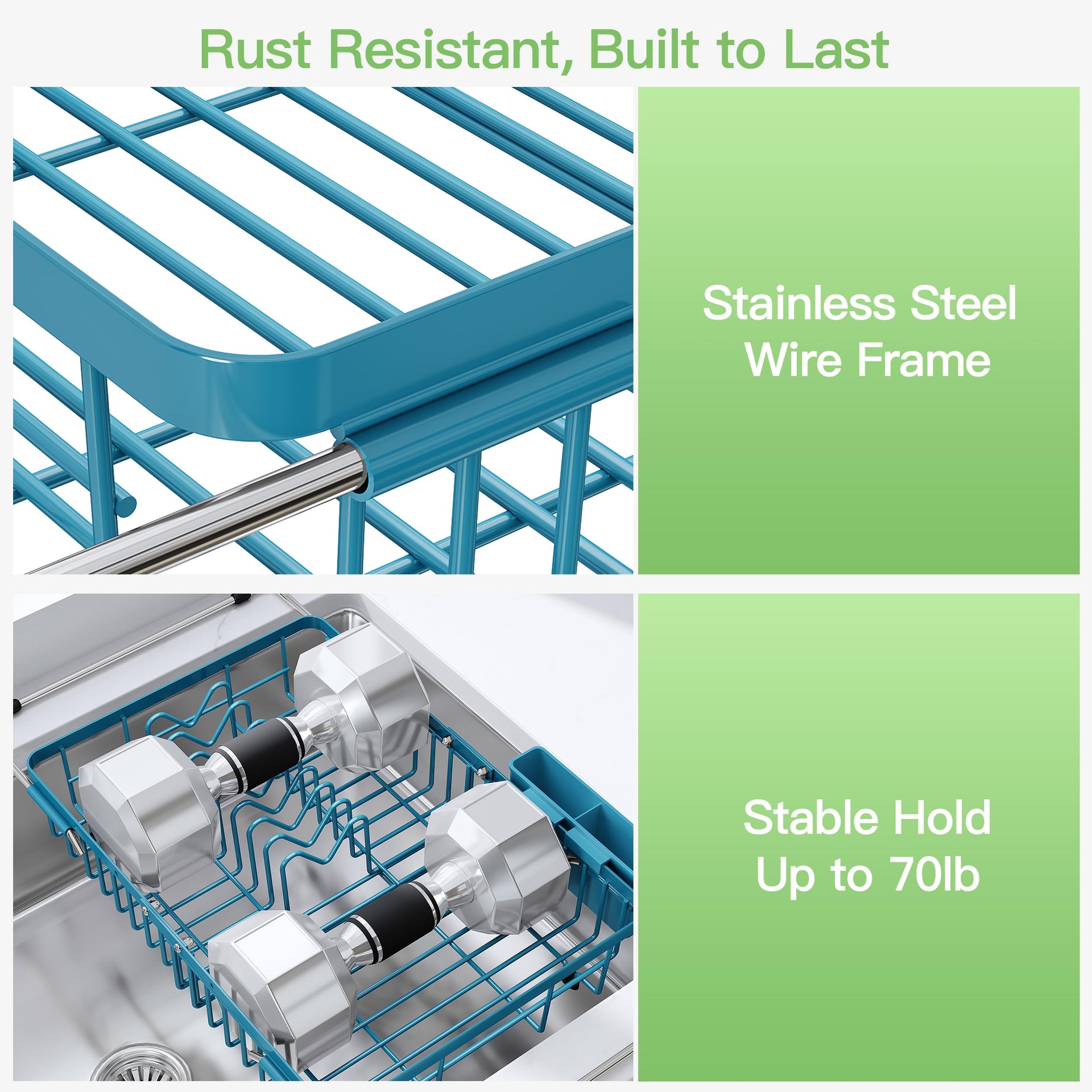 Blue Dish Drying Rack Over the Sink with Utensil Holder