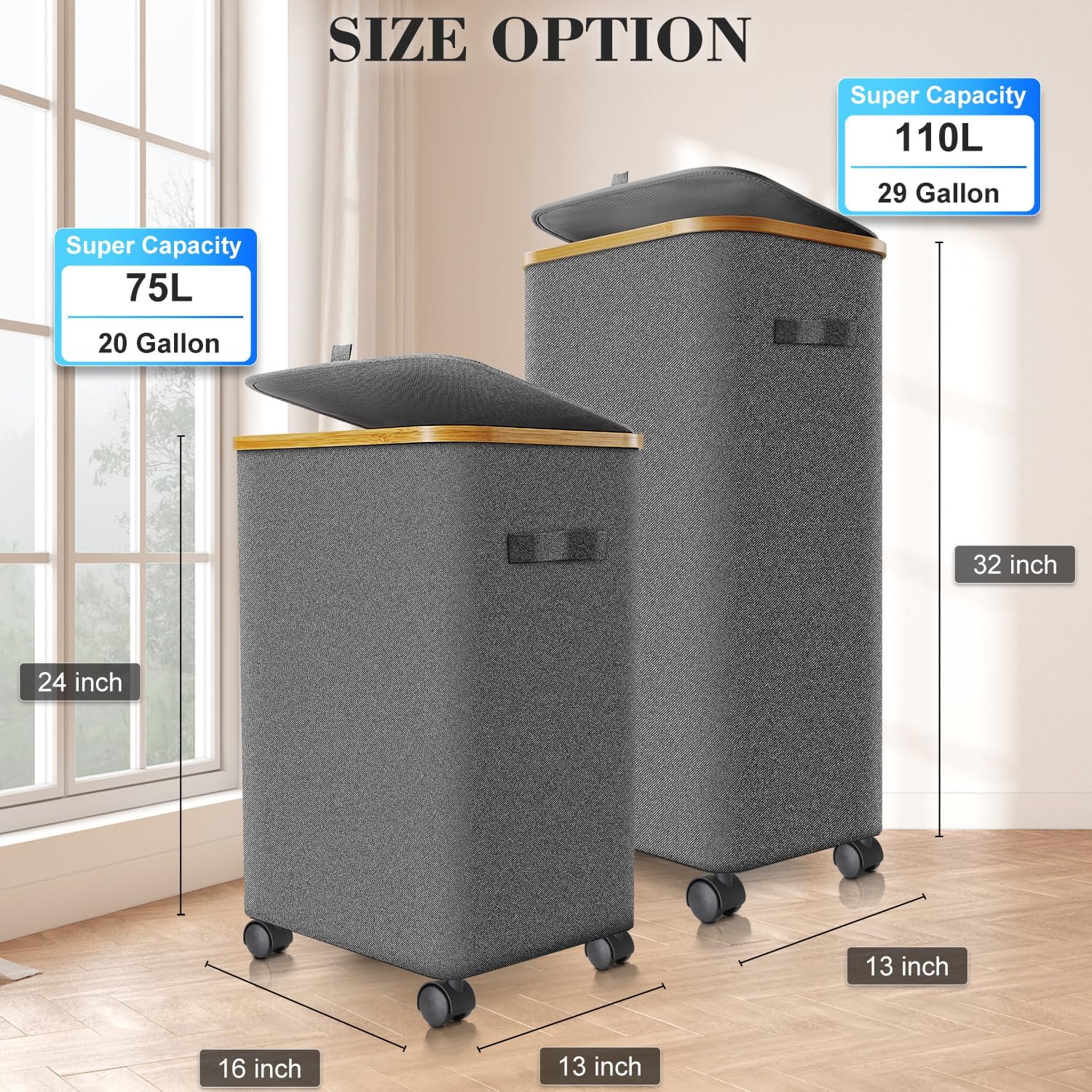 Laundry Hamper with Wheels,20 Gal (75L) Laundry Basket with lid Rolling Clothes Hamper Foldable Dirty Clothes Basket on wheels with Bamboo Frame and Bag for Bedroom, Dorm, Laundry Room-Grey