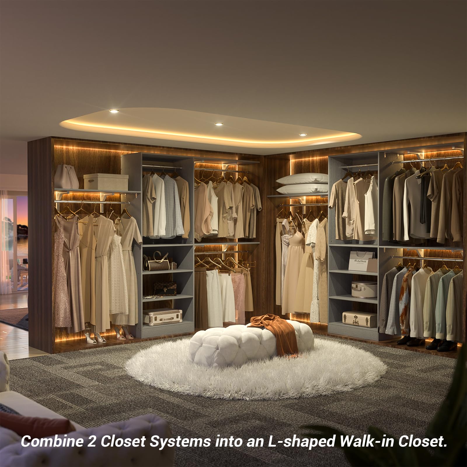 8FT Closet System with 3 Wooden Storage Shelves
