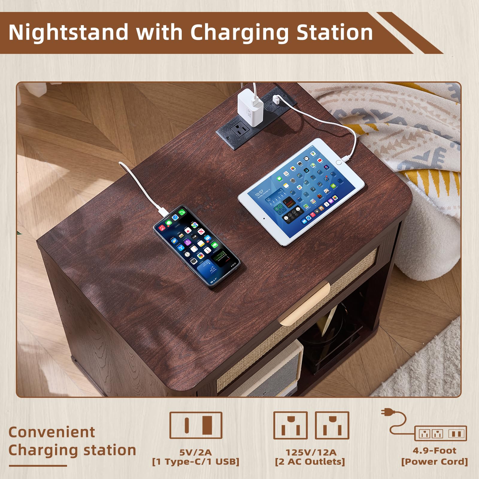 Rattan Nightstand with Charging Station