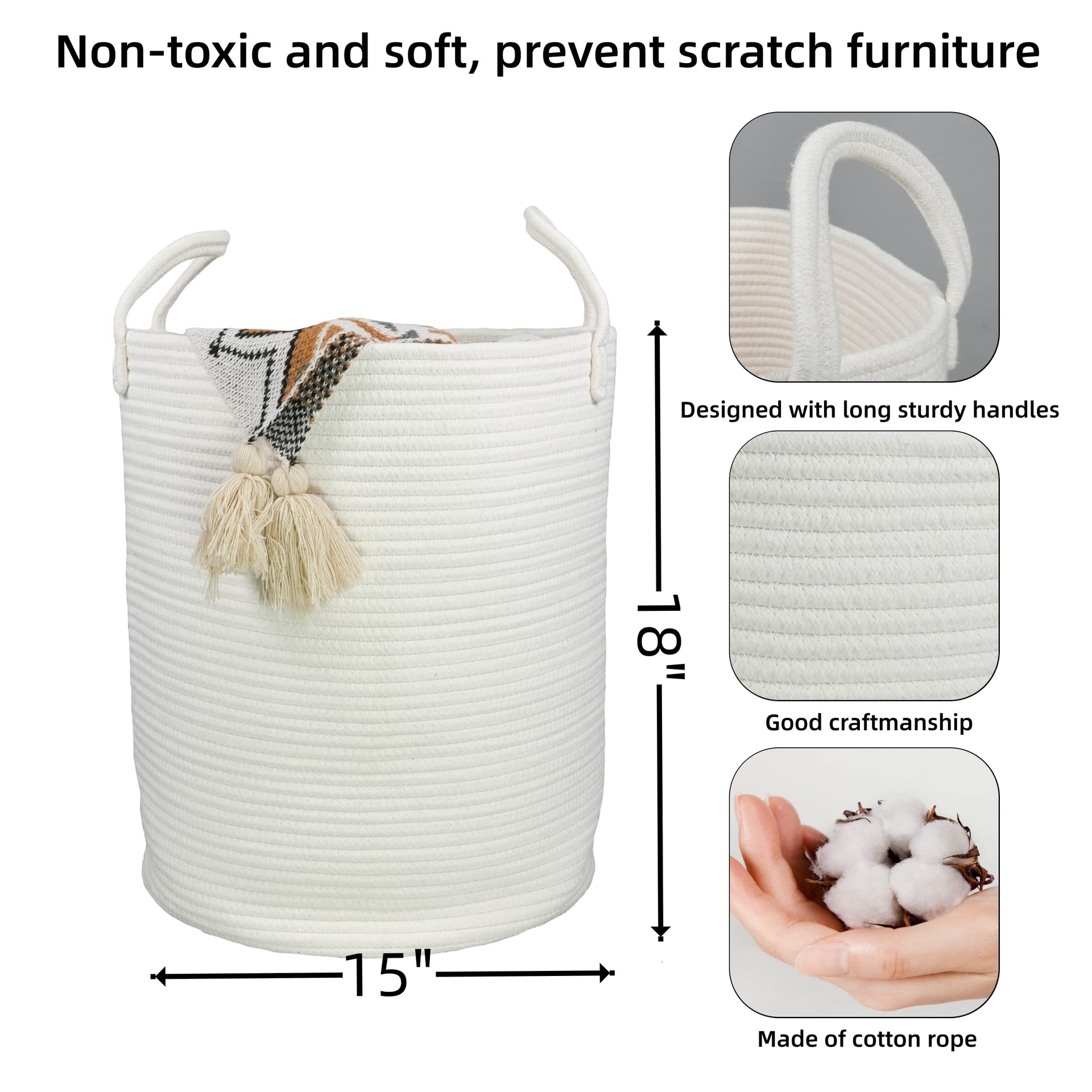 White Cotton Rope Laundry Basket Hamper for Clothes Large